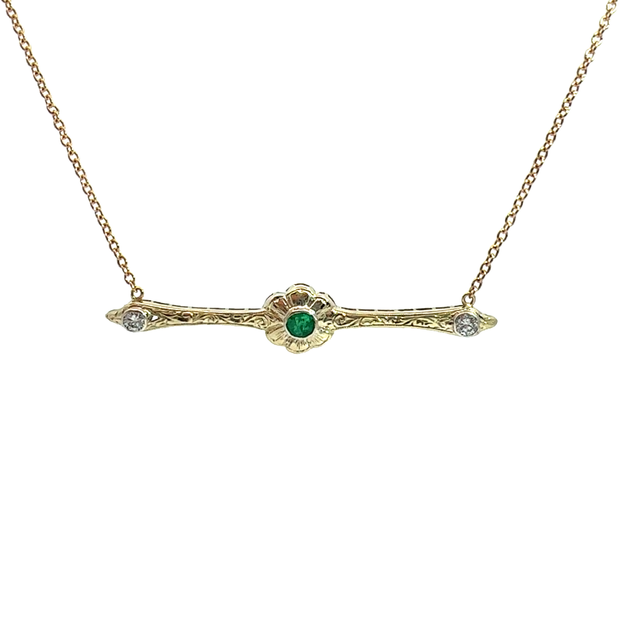 Vintage 14k Yellow Gold Emerald & Diamond Pendant Necklace 16"