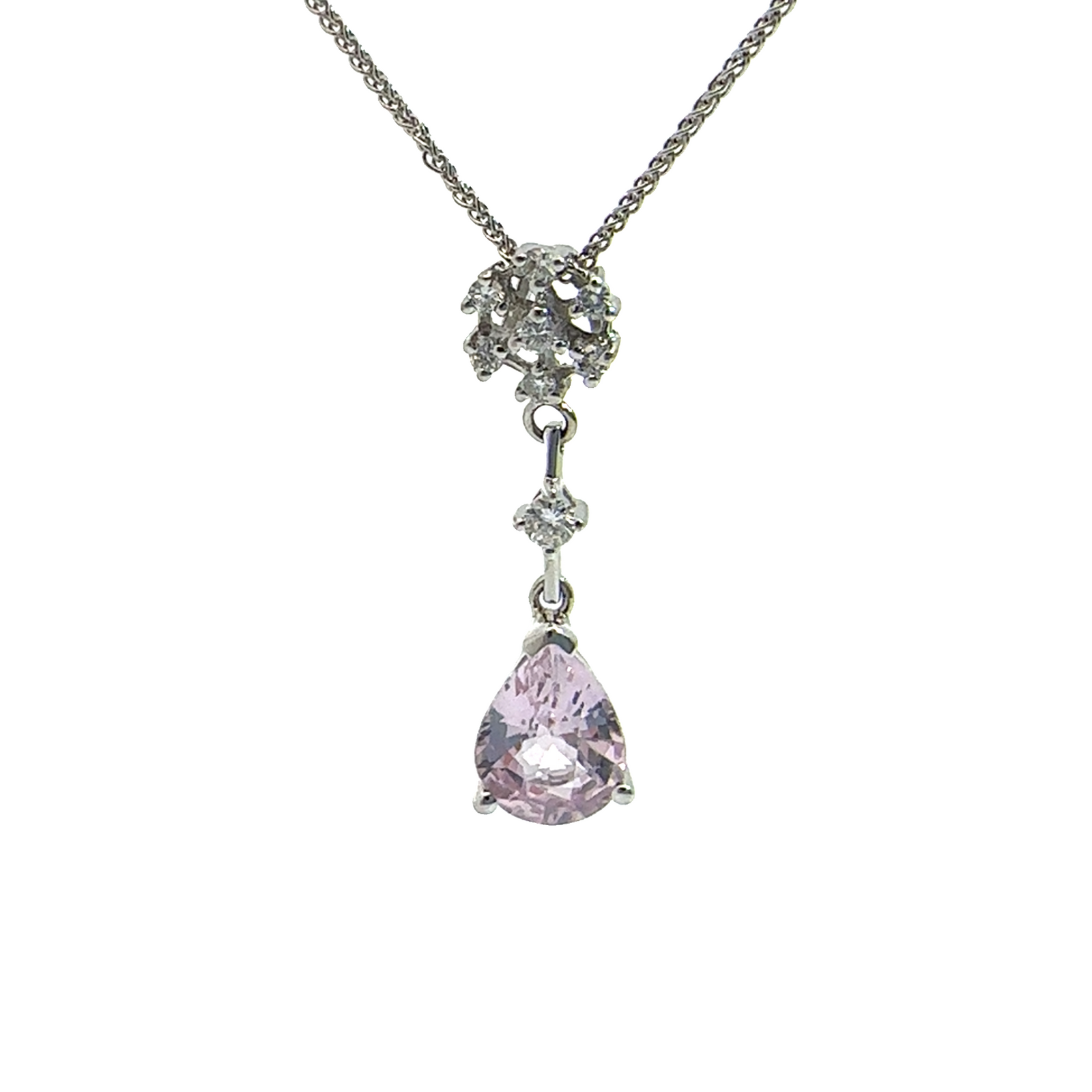 Estate 18k White Gold Pear Cut Pink Sapphire & Diamond Pendant Necklace 18"