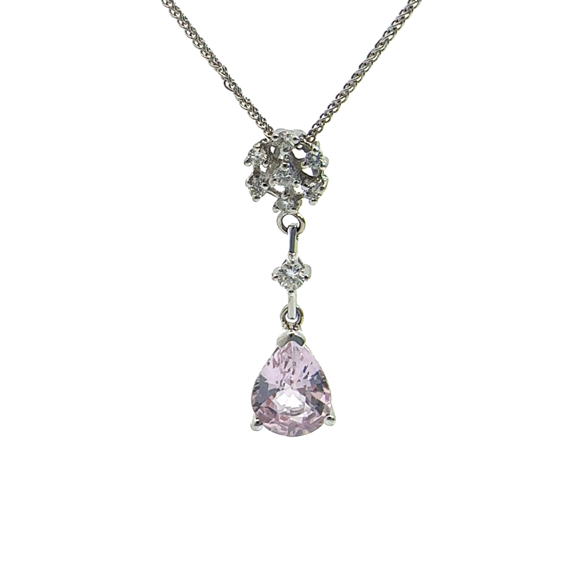 Estate 18k White Gold Pear Cut Pink Sapphire & Diamond Pendant Necklace 18"