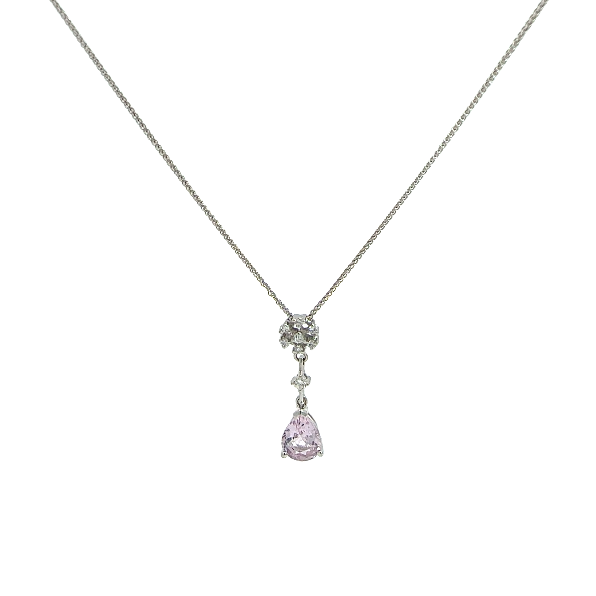 Estate 18k White Gold Pear Cut Pink Sapphire & Diamond Pendant Necklace 18"
