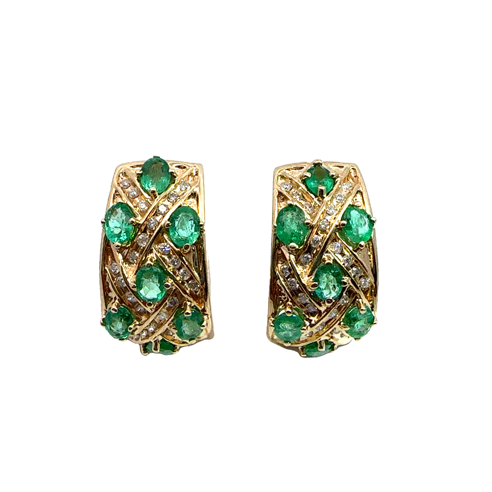 Vintage 14k Yellow Gold Emerald & Diamond Huggie Earrings