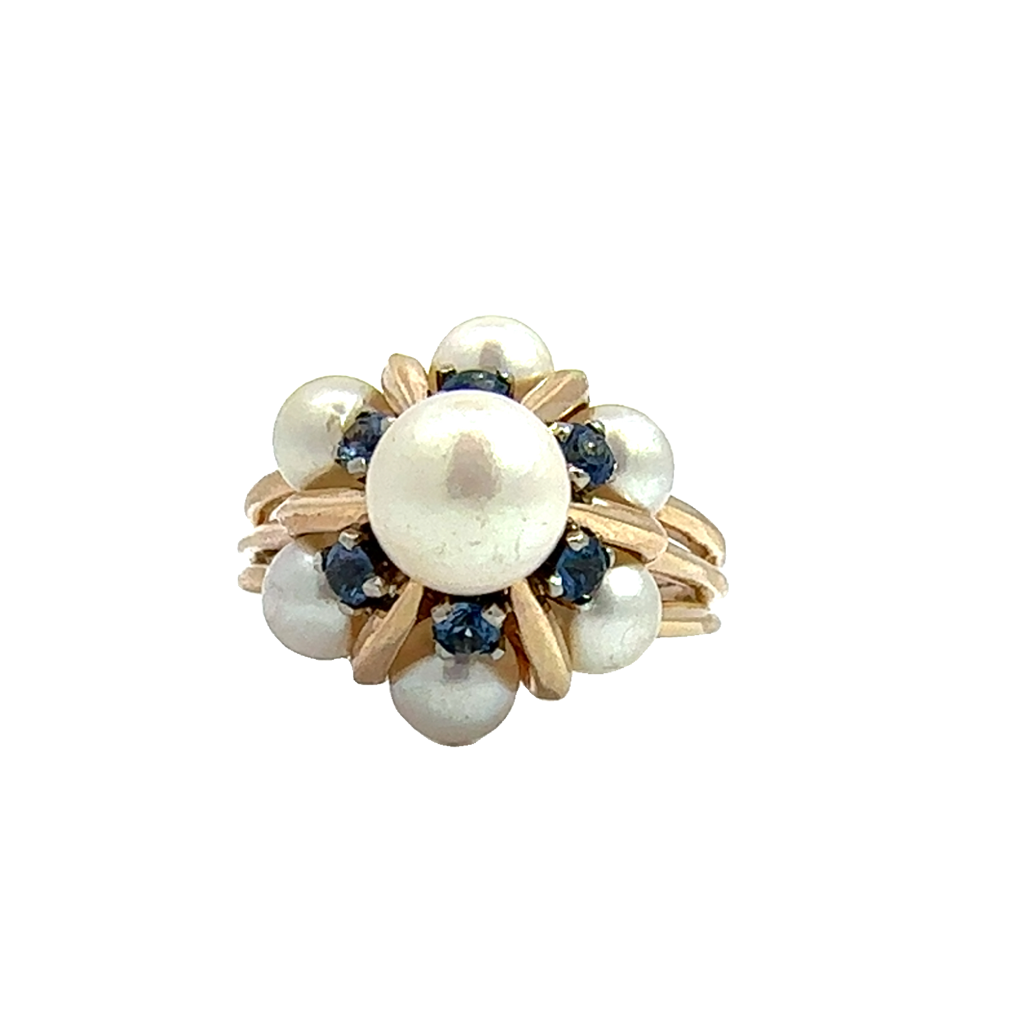 Vintage 14k Yellow Gold Pearl & 0.30cttw Sapphire Floral Ring