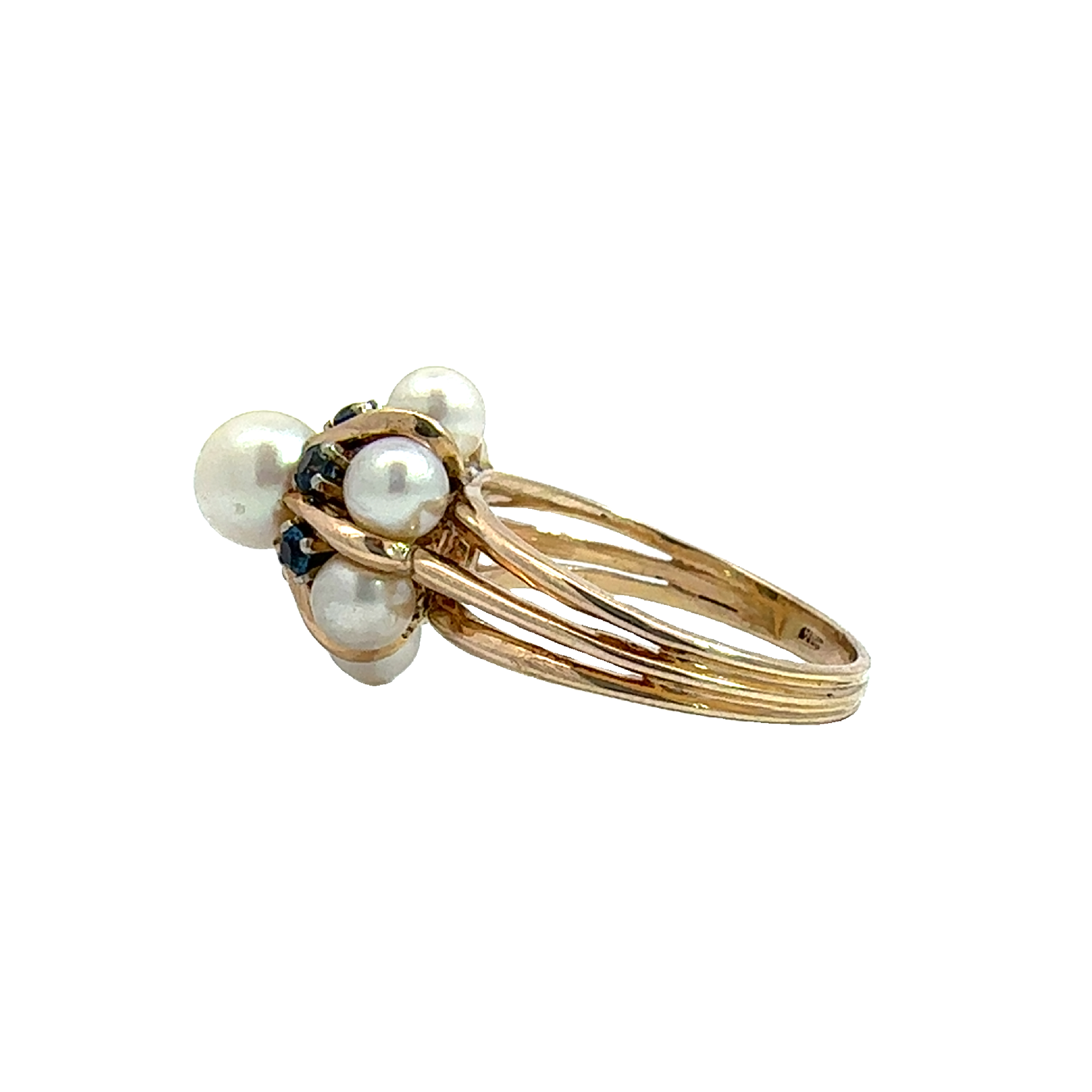 Vintage 14k Yellow Gold Pearl & 0.30cttw Sapphire Floral Ring