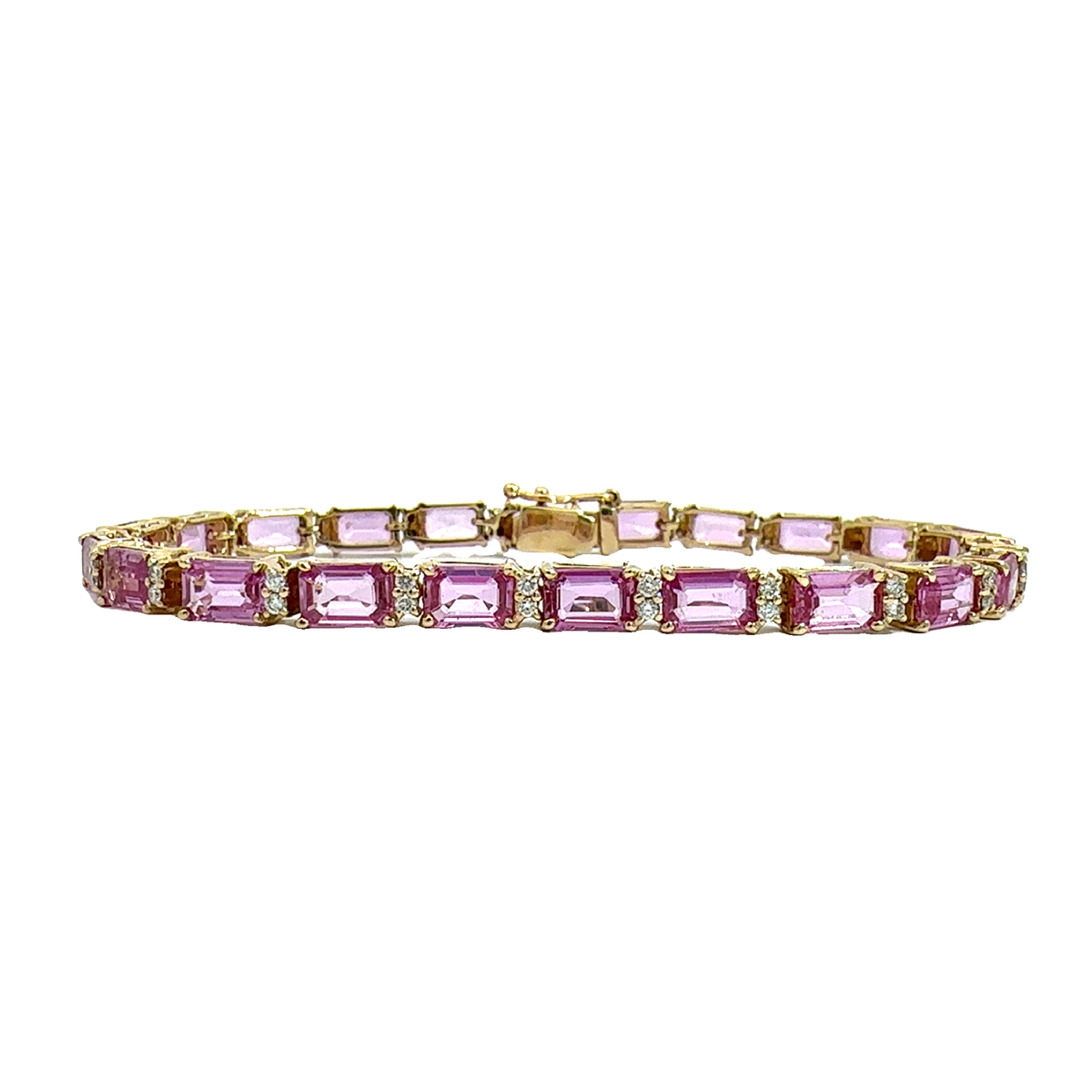 Estate 14k Yellow Gold 12.10cttw Emerald Cut Pink Sapphire &amp; 0.50cttw Diamond Tennis Bracelet 7&quot;