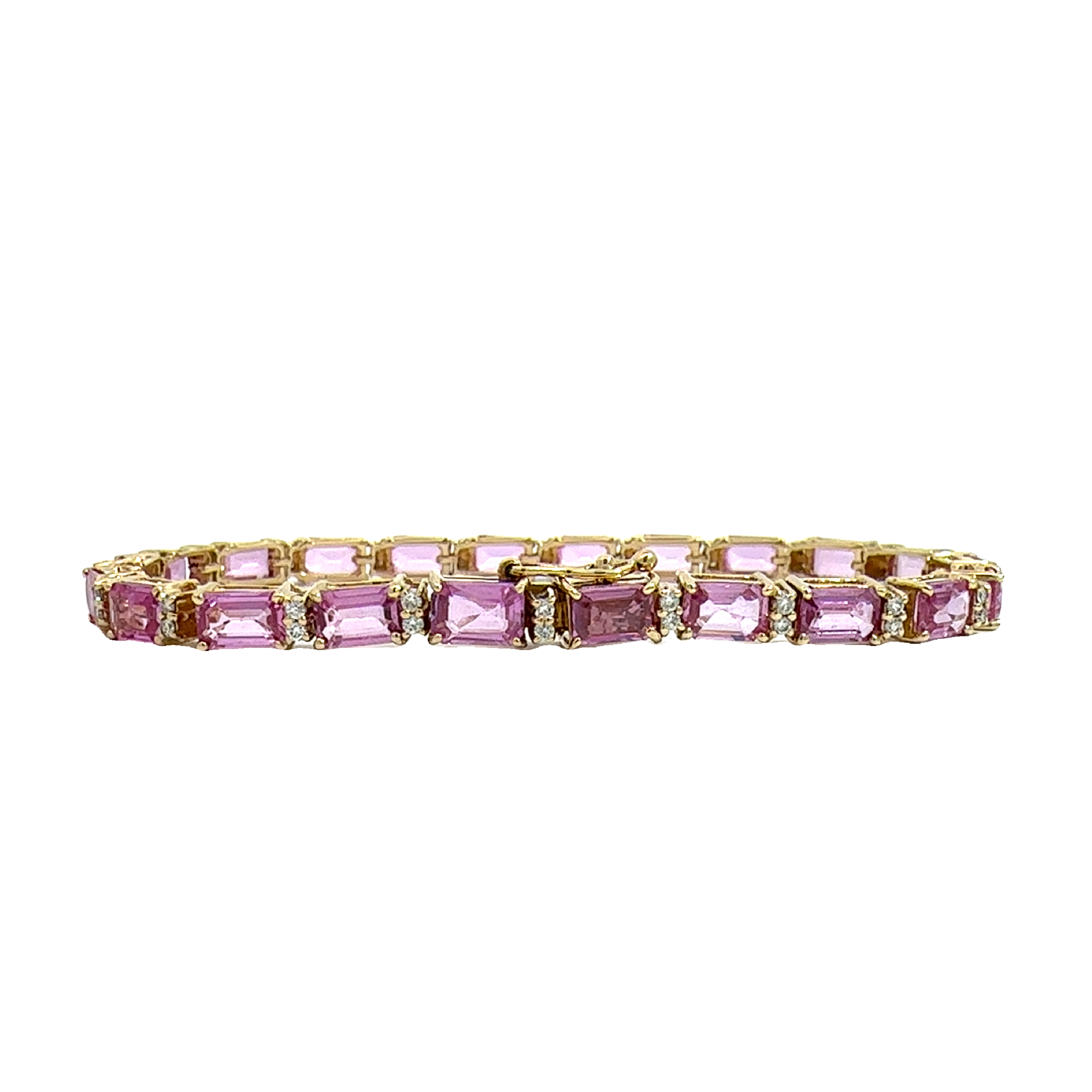 Estate 14k Yellow Gold 12.10cttw Emerald Cut Pink Sapphire & 0.50cttw Diamond Tennis Bracelet 7"