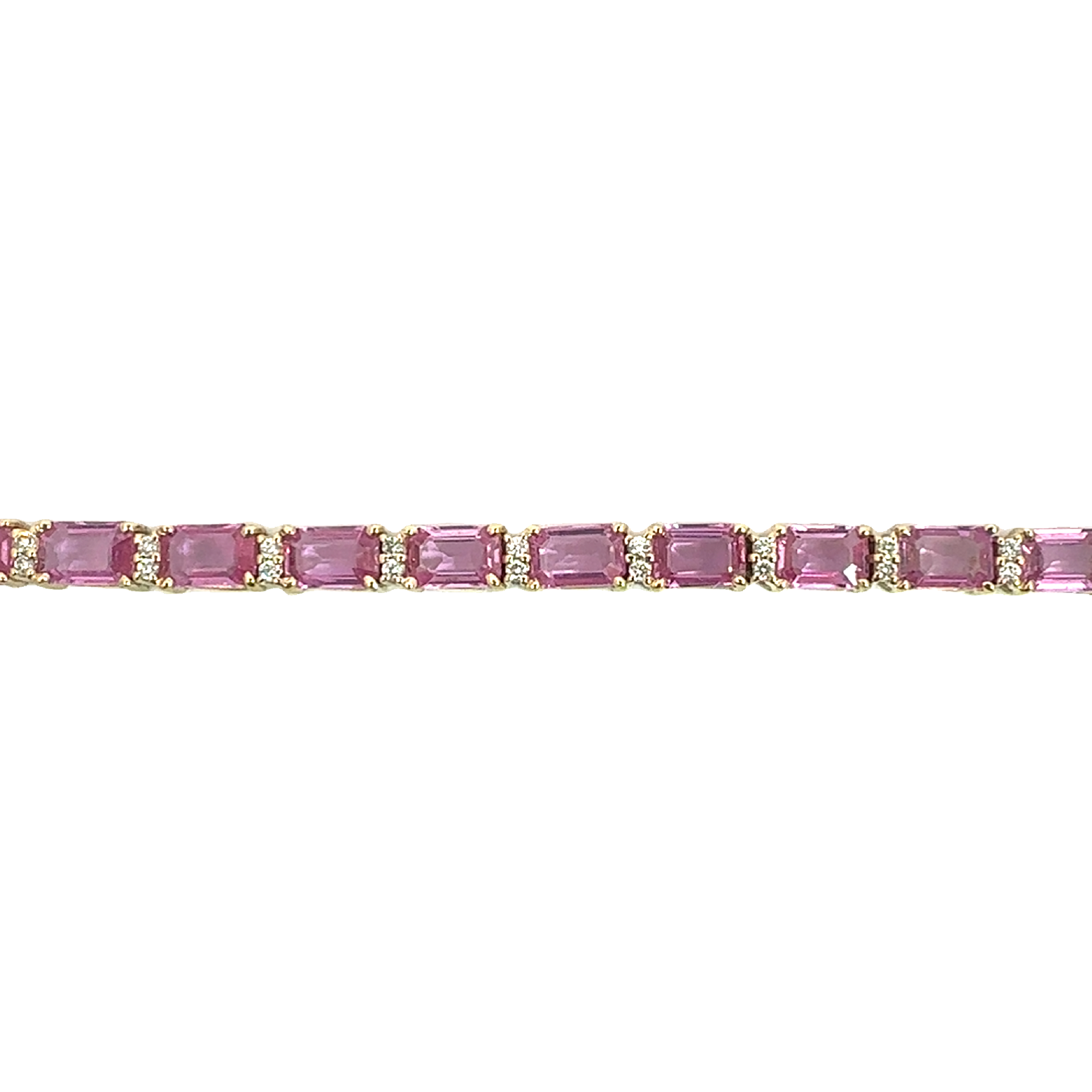 Estate 14k Yellow Gold 12.10cttw Emerald Cut Pink Sapphire & 0.50cttw Diamond Tennis Bracelet 7"