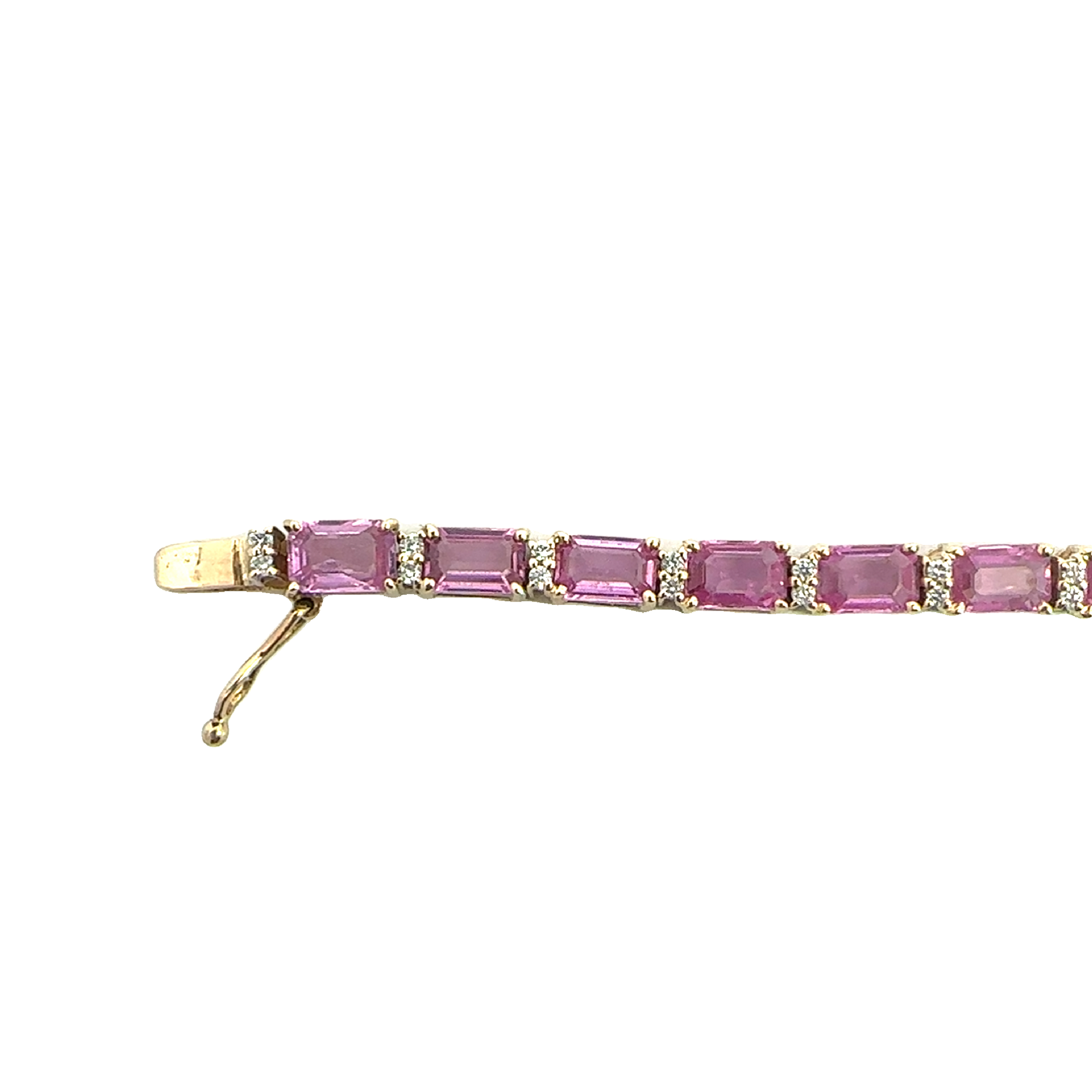 Estate 14k Yellow Gold 12.10cttw Emerald Cut Pink Sapphire & 0.50cttw Diamond Tennis Bracelet 7"