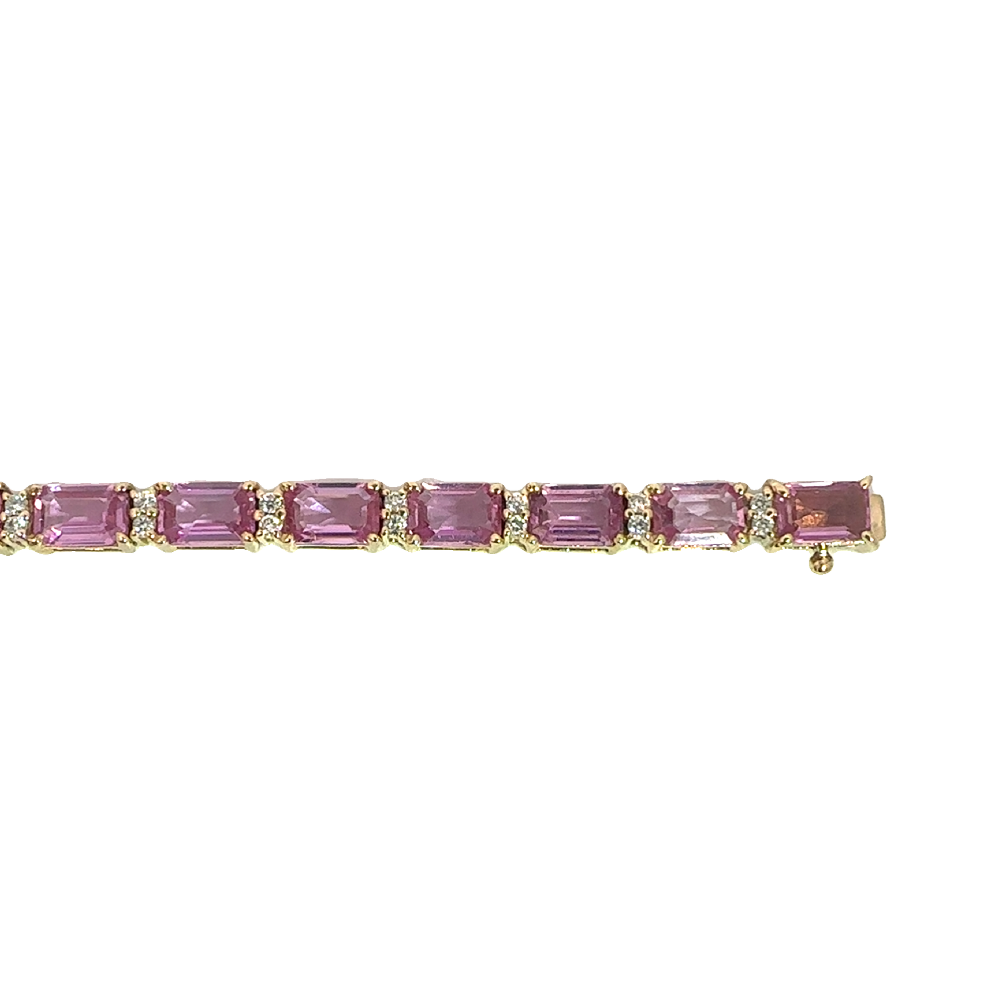 Estate 14k Yellow Gold 12.10cttw Emerald Cut Pink Sapphire & 0.50cttw Diamond Tennis Bracelet 7"