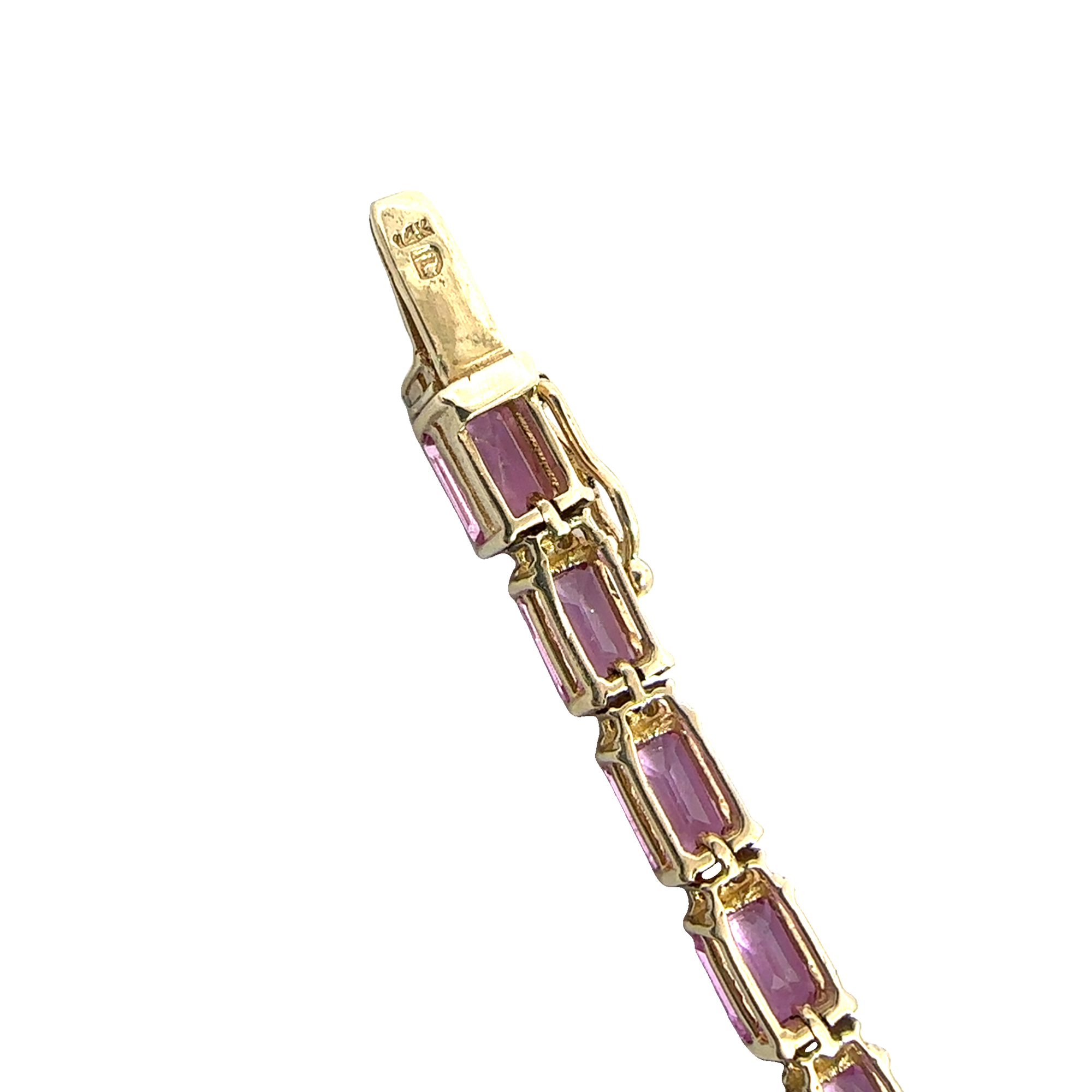 Estate 14k Yellow Gold 12.10cttw Emerald Cut Pink Sapphire & 0.50cttw Diamond Tennis Bracelet 7"