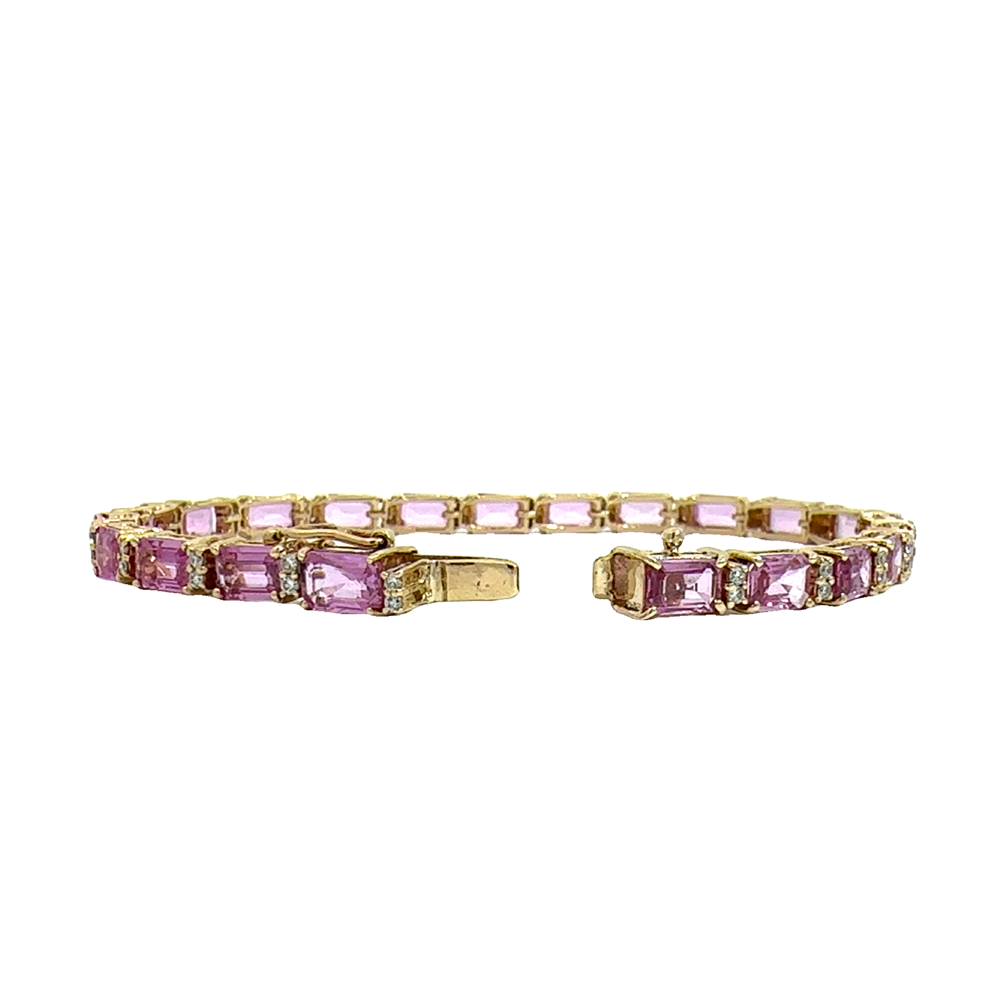 Estate 14k Yellow Gold 12.10cttw Emerald Cut Pink Sapphire & 0.50cttw Diamond Tennis Bracelet 7"
