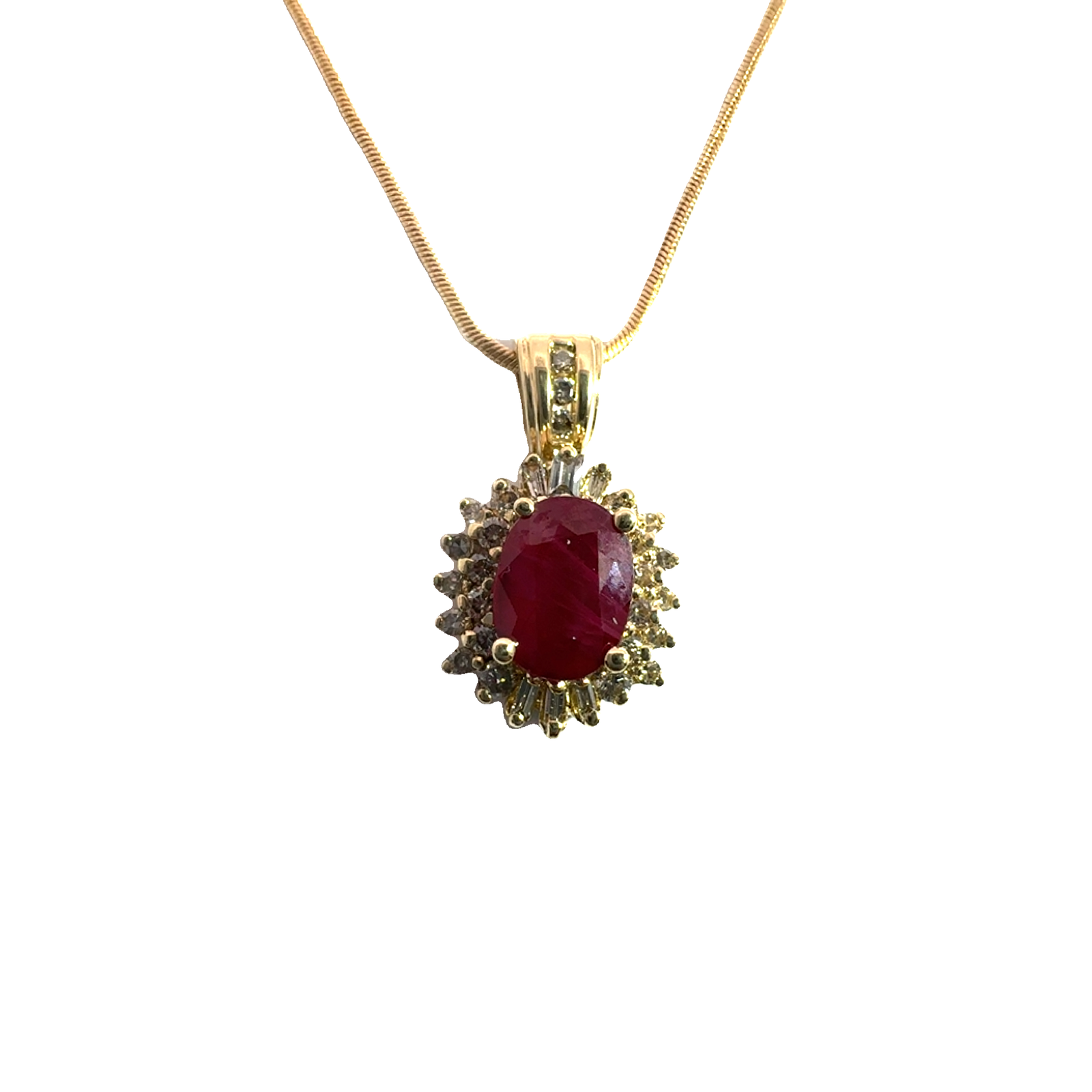 Vintage 14k Yellow Gold 1.72cttw Oval Ruby & 0.56cttw Diamond Halo Pendant Necklace 17"