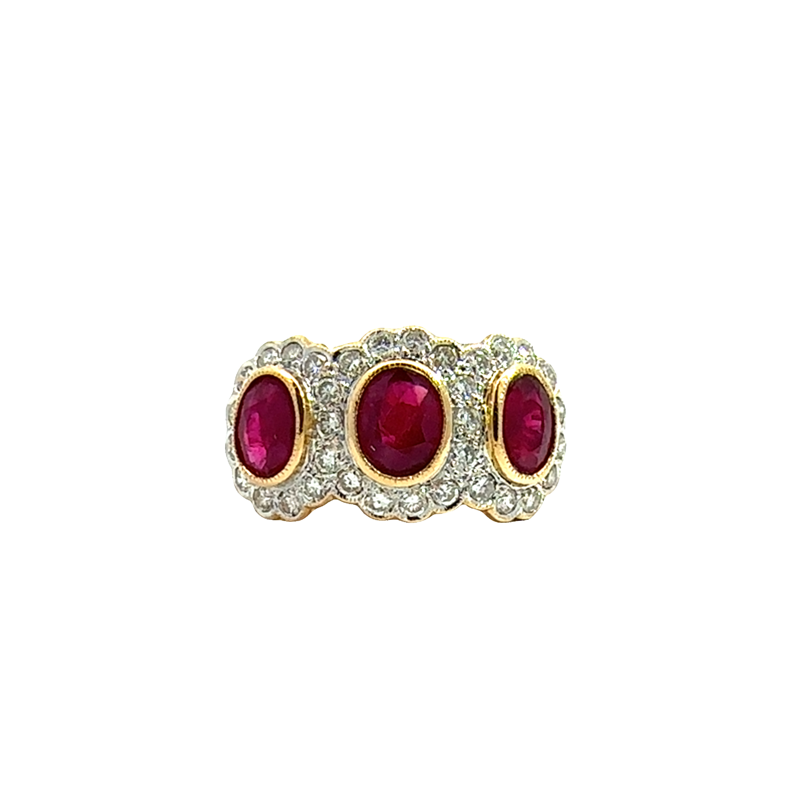 Vintage 18k Yellow Gold 2.16cttw Three Stone Ruby and 1.05cttw Diamond Ring