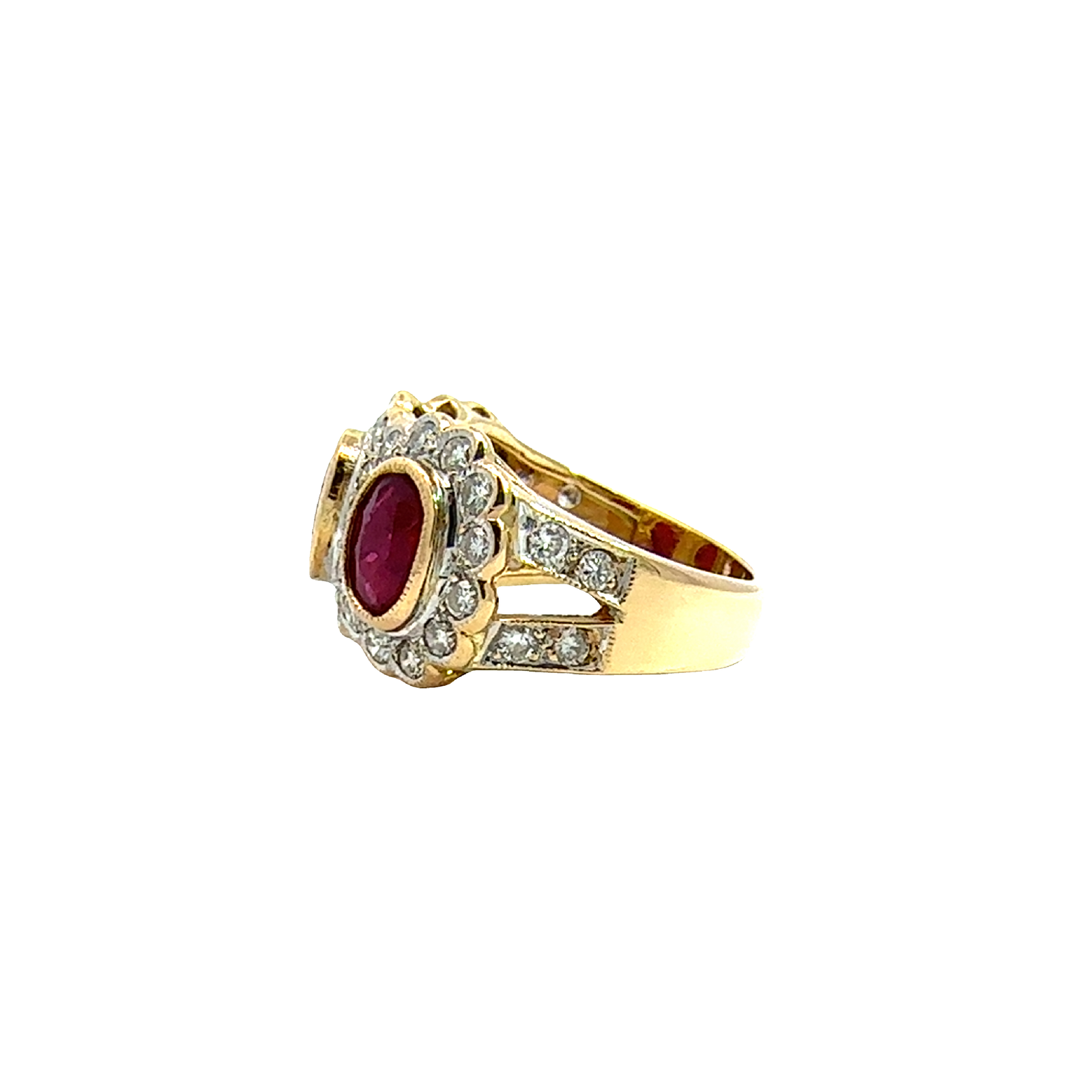 Vintage 18k Yellow Gold 2.16cttw Three Stone Ruby and 1.05cttw Diamond Ring