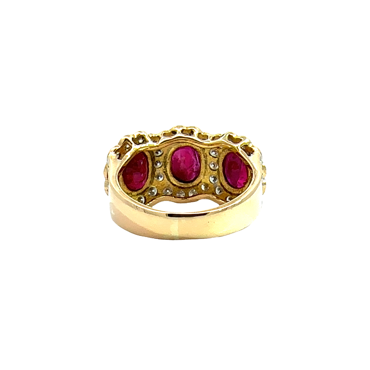 Vintage 18k Yellow Gold 2.16cttw Three Stone Ruby and 1.05cttw Diamond Ring