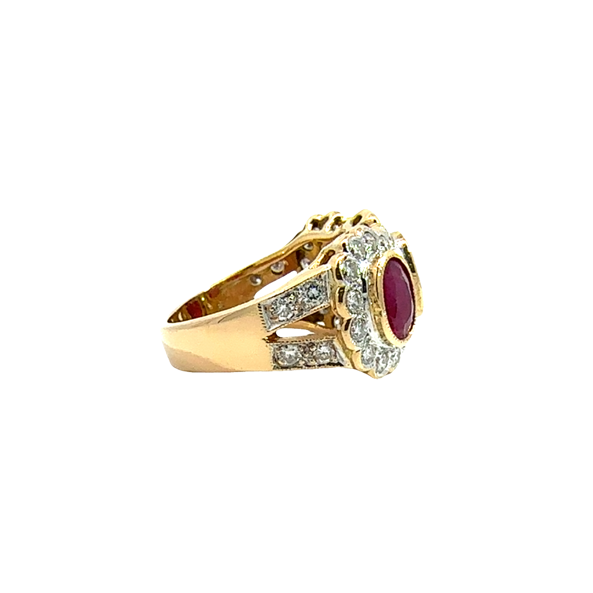 Vintage 18k Yellow Gold 2.16cttw Three Stone Ruby and 1.05cttw Diamond Ring