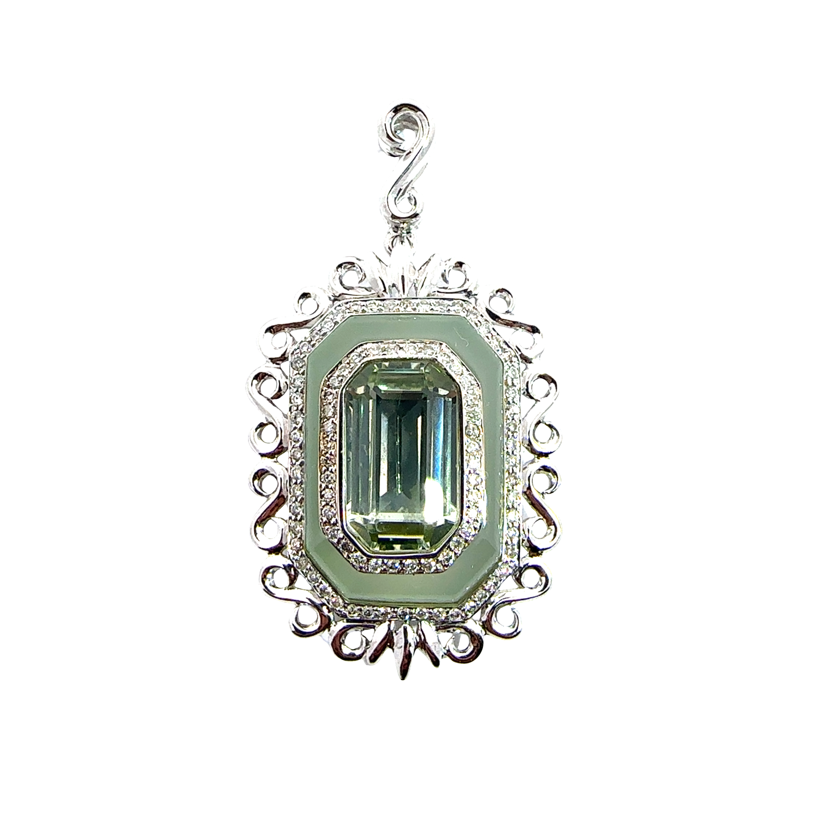 Vintage 18k White Gold 3.65cttw Prasiolite and 0.44cttw Diamond Pendant