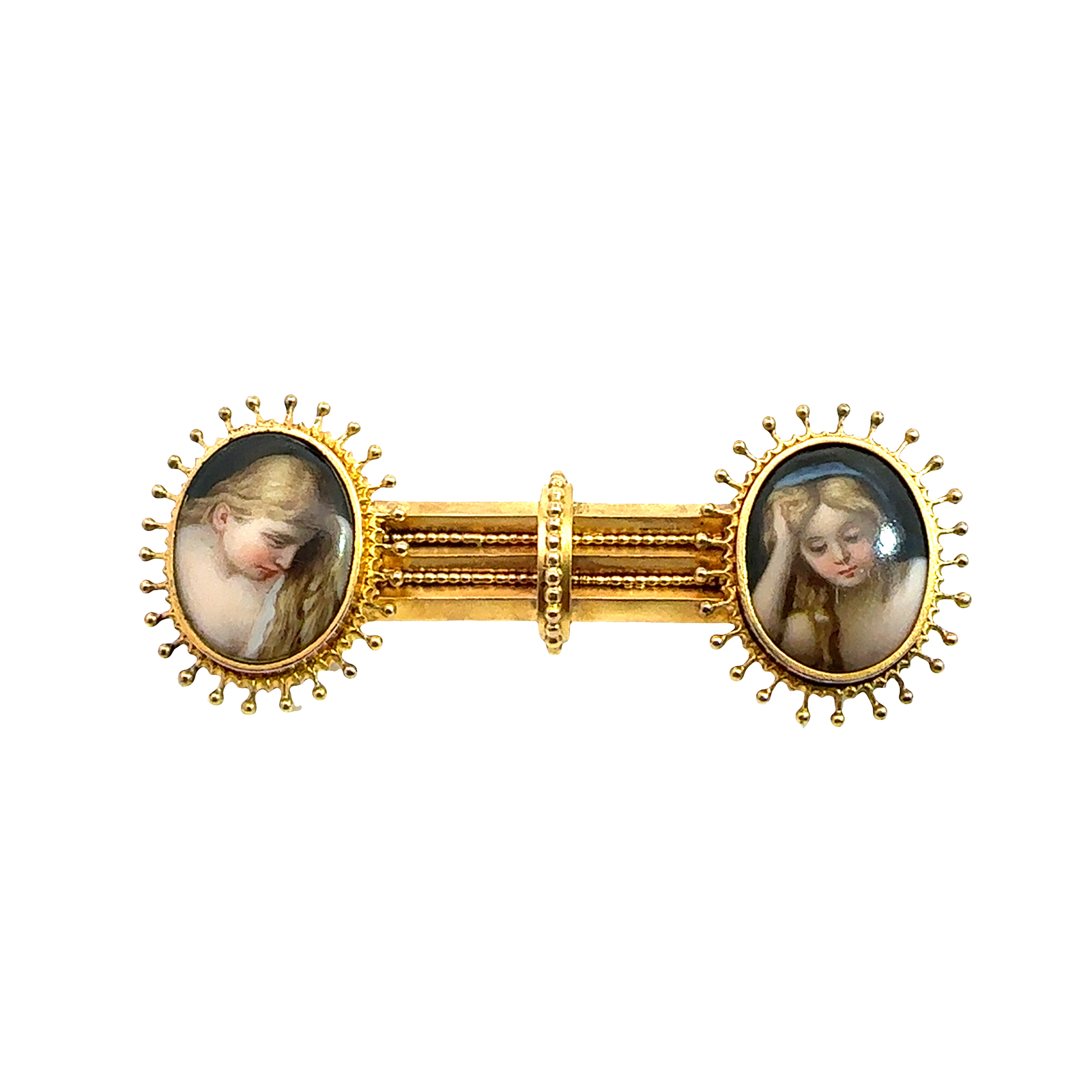 Antique 18k Yellow Gold Brooch with Painted Portraits