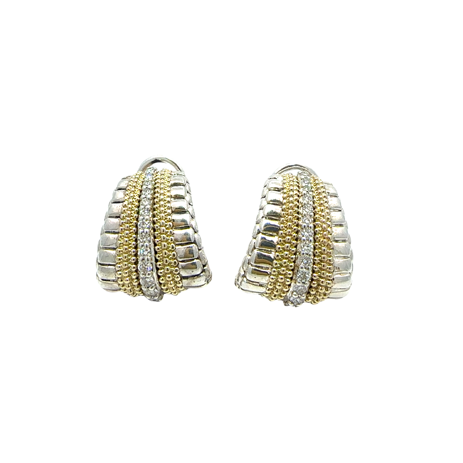 Estate LAGOS 18k Yellow Gold and Sterling Silver Diamond Caviar Lux Omega Clip Earrings