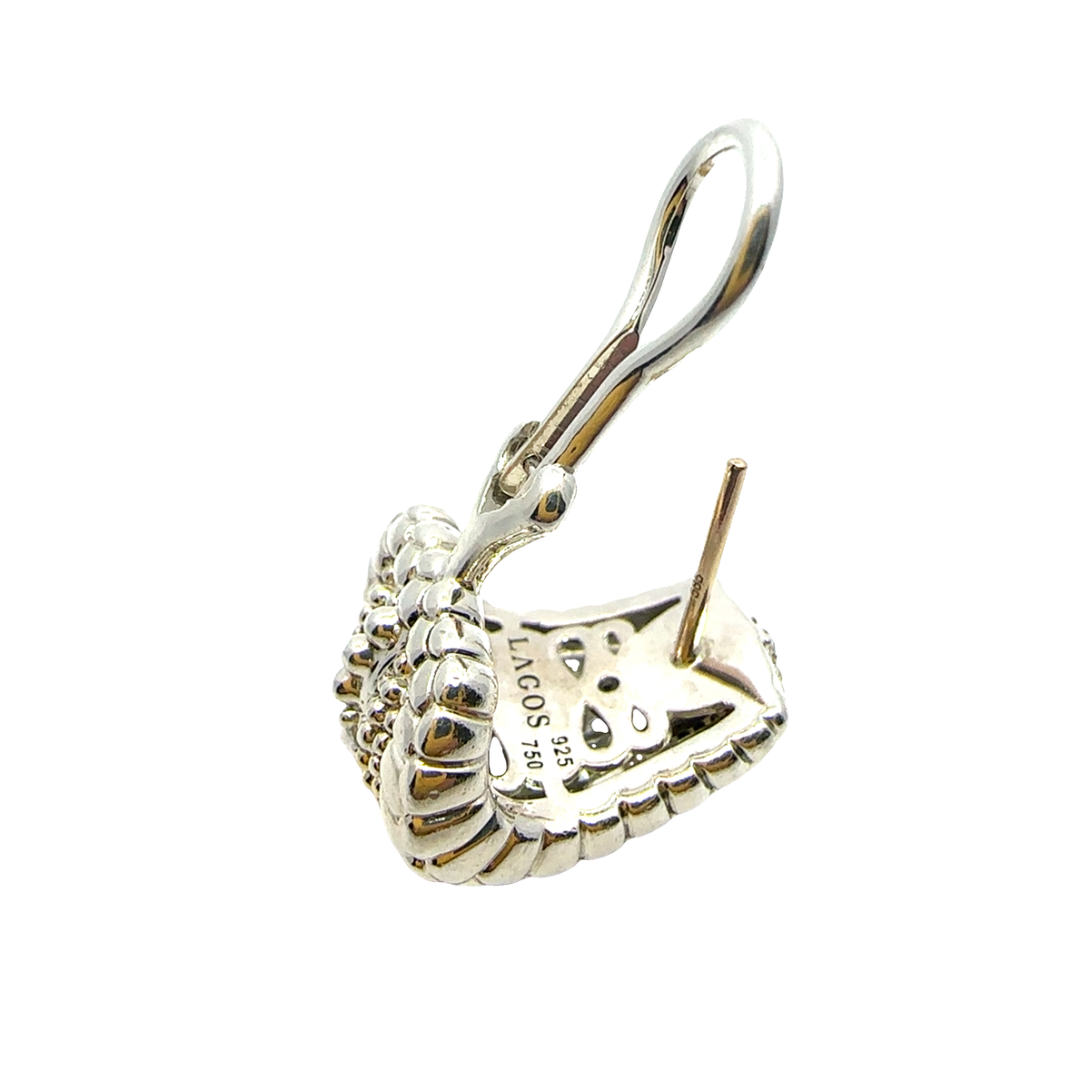 Estate LAGOS 18k Yellow Gold and Sterling Silver Diamond Caviar Lux Omega Clip Earrings