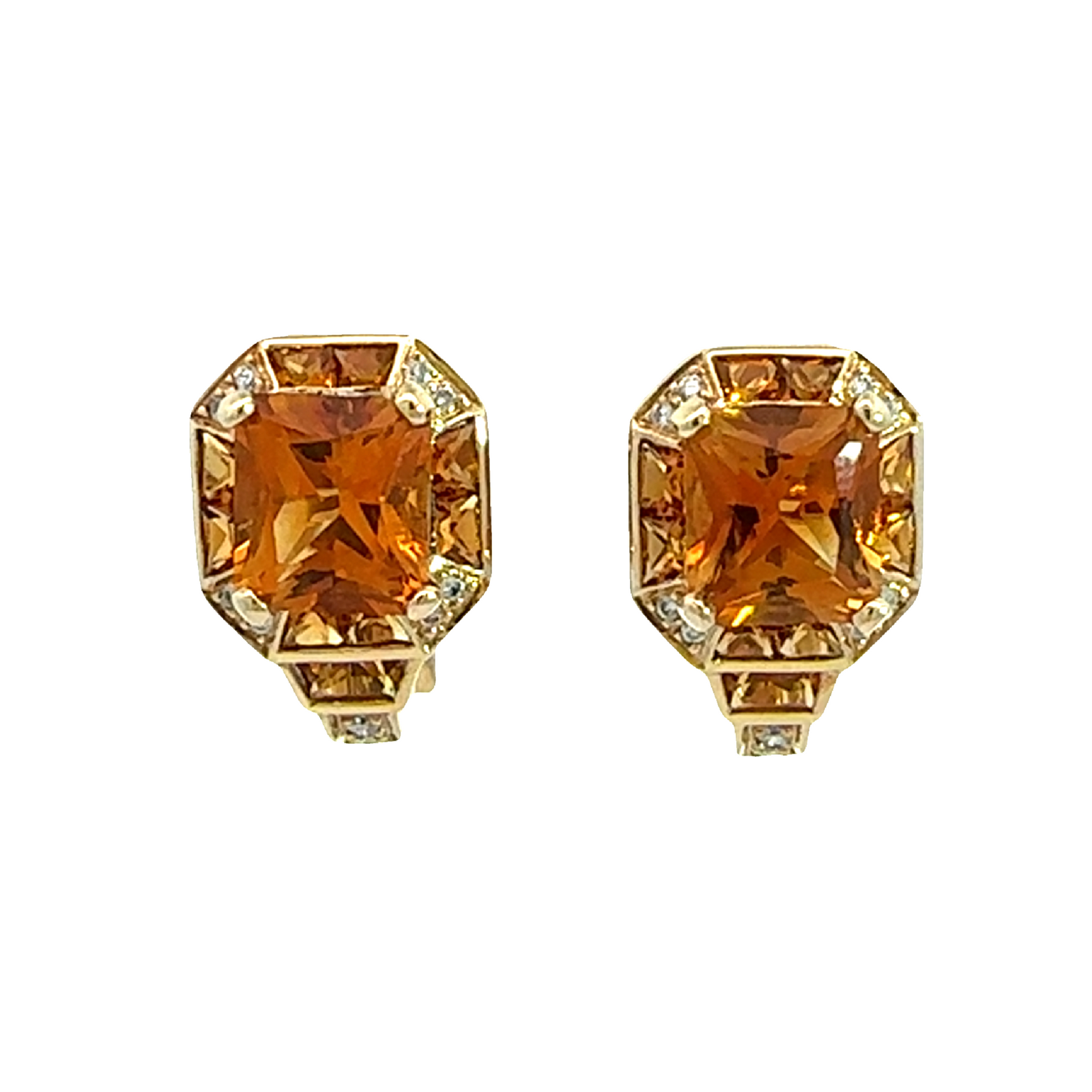 Vintage 18k Yellow Gold 4.44cttw Citrine and 0.16cttw Diamond Earrings
