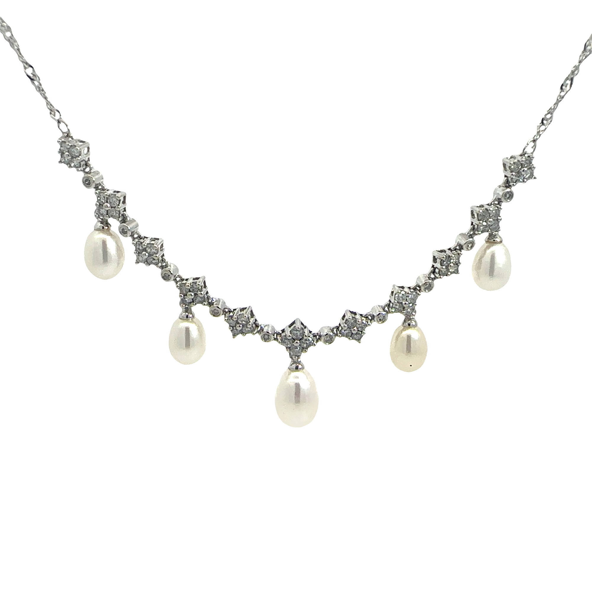 Vintage 14k White Gold Pearl and 1.21cttw Diamond Necklace 18"
