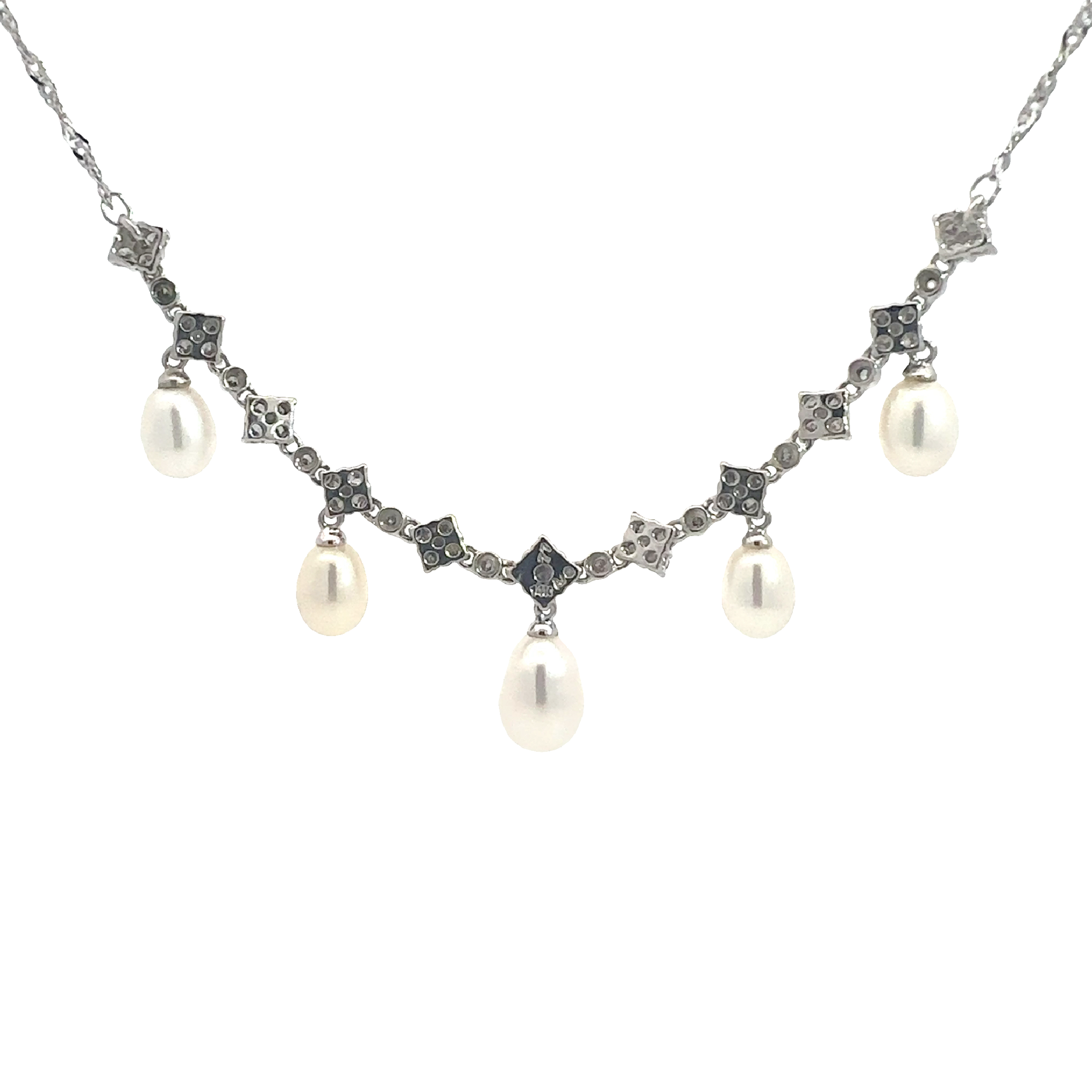 Vintage 14k White Gold Pearl and 1.21cttw Diamond Necklace 18"