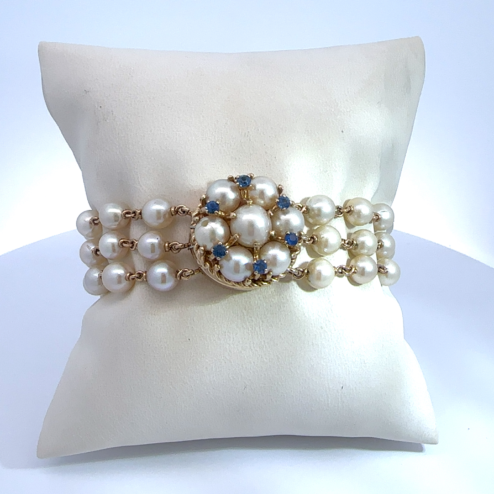 Vintage 14k Yellow Gold Triple Strand Pearl 0.30ctw Sapphire Hidden Watch Bracelet 7"