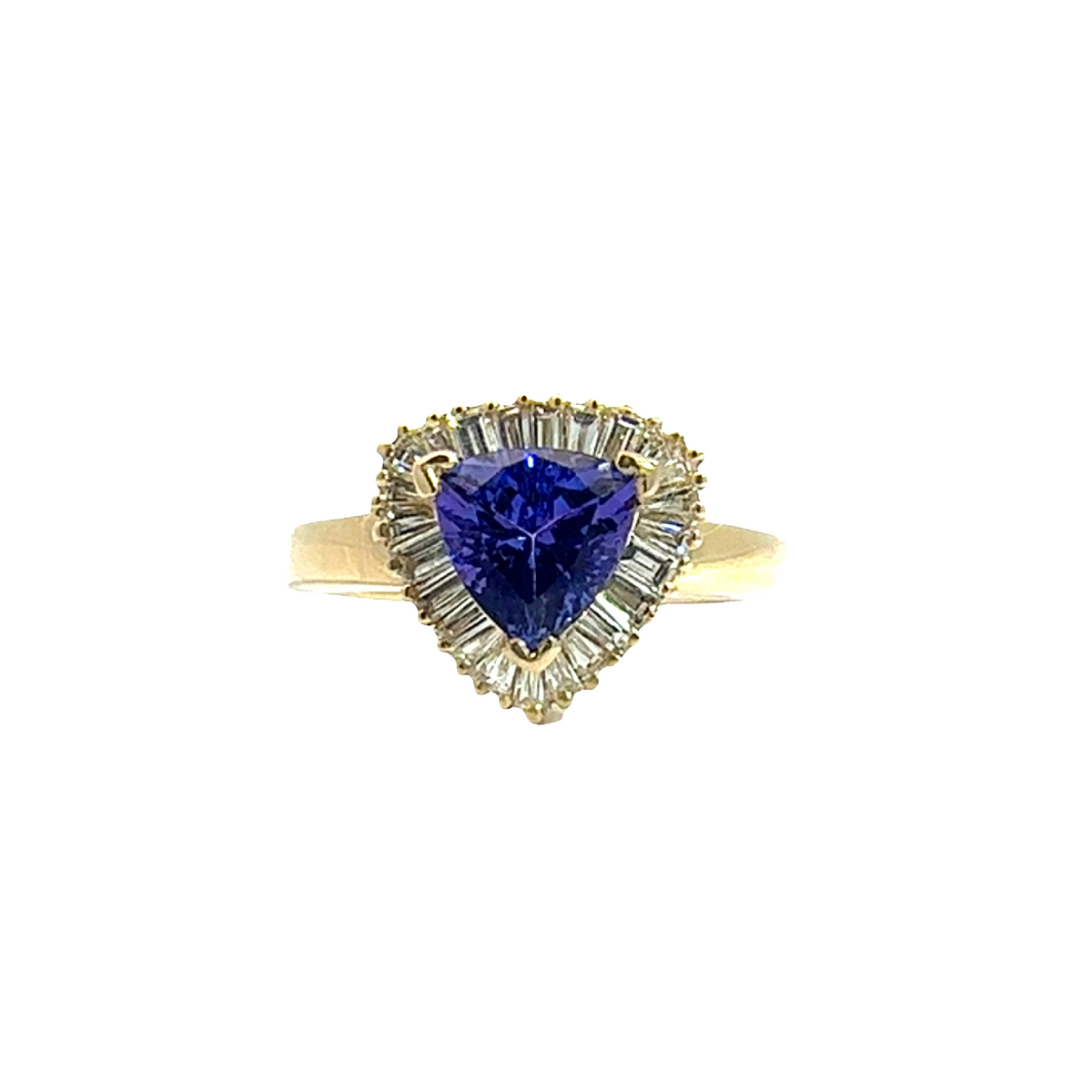 Estate 14k Yellow Gold 1.45ctw Trillion Cut Tanzanite 0.50ctw Baguette Diamond Halo Ring