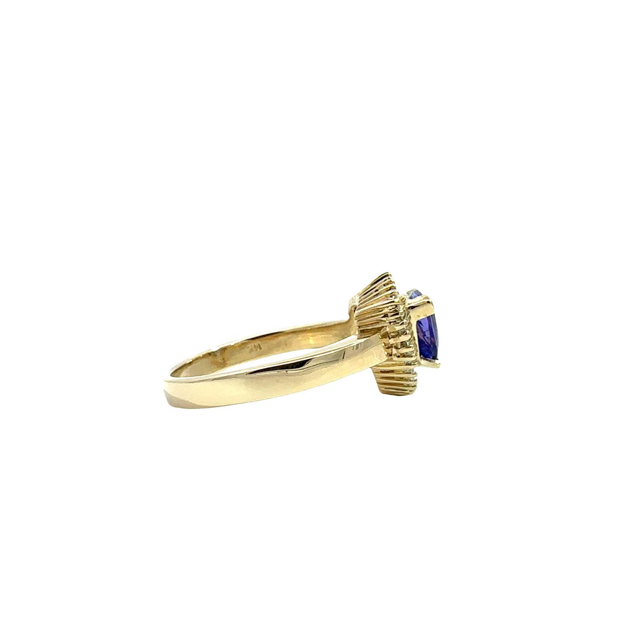Estate 14k Yellow Gold 1.45ctw Trillion Cut Tanzanite 0.50ctw Baguette Diamond Halo Ring