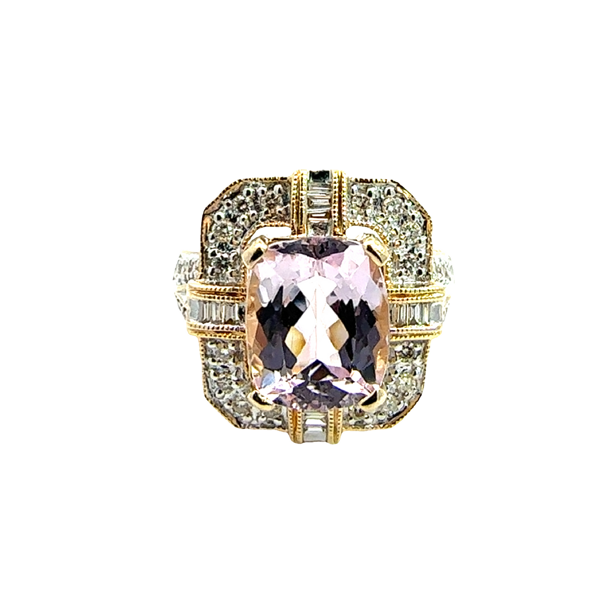 Vintage 14k Yellow Gold 4.20ctw Cushion Cut Kunzite 0.43ctw Diamond Ring