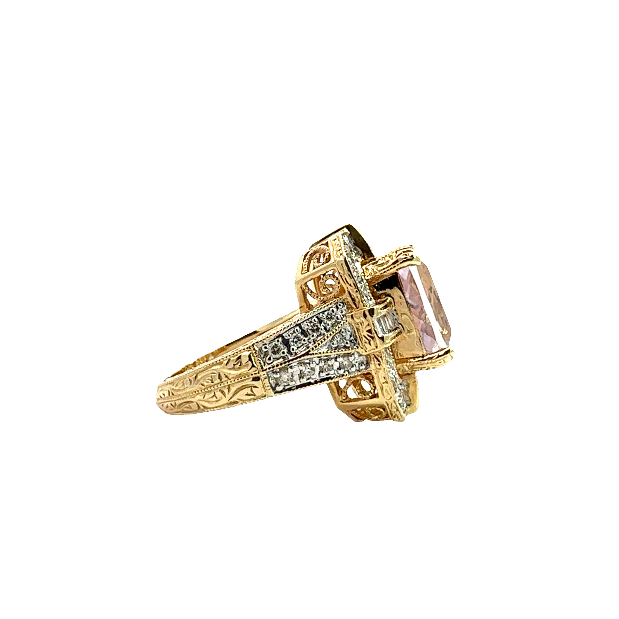 Vintage 14k Yellow Gold 4.20ctw Cushion Cut Kunzite 0.43ctw Diamond Ring