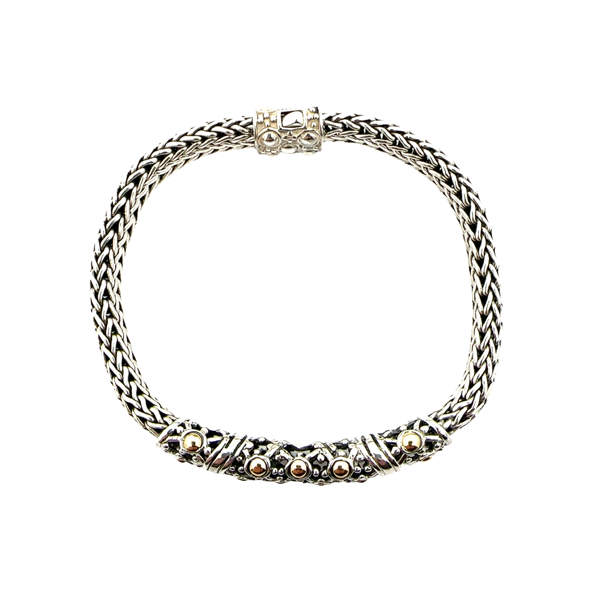 Estate John Hardy Sterling Silver 18K Yellow Gold Jaisalmer Wheat Chain Dot Bracelet 7"