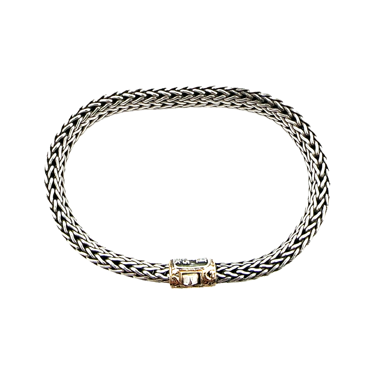 Estate John Hardy Sterling Silver & 18K Yellow Gold Two-Tone Small Icon Chain Bangle Bracelet 7"