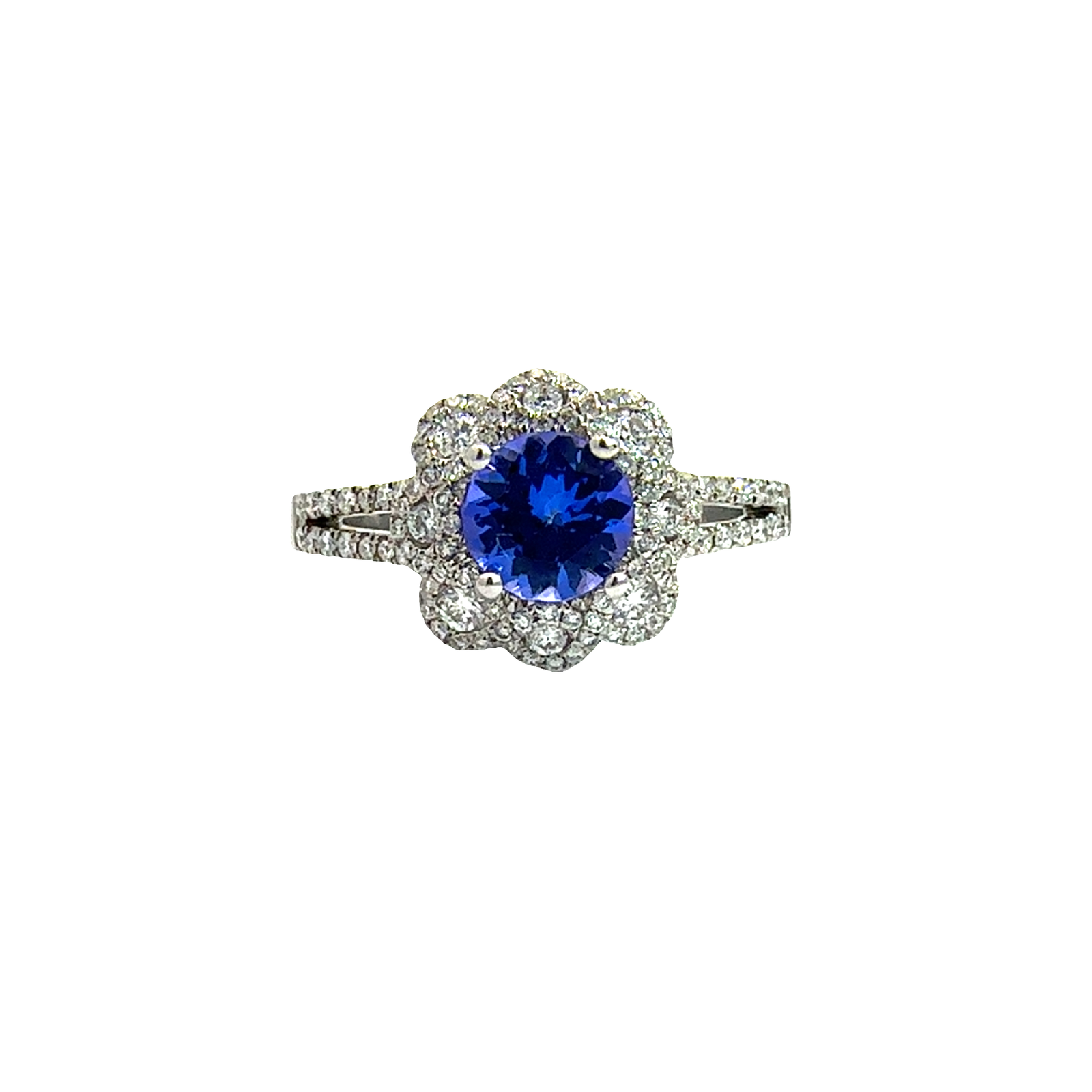 Vintage 18k White Gold 0.80ctw Tanzanite and 0.62ctw Diamond Flower Ring