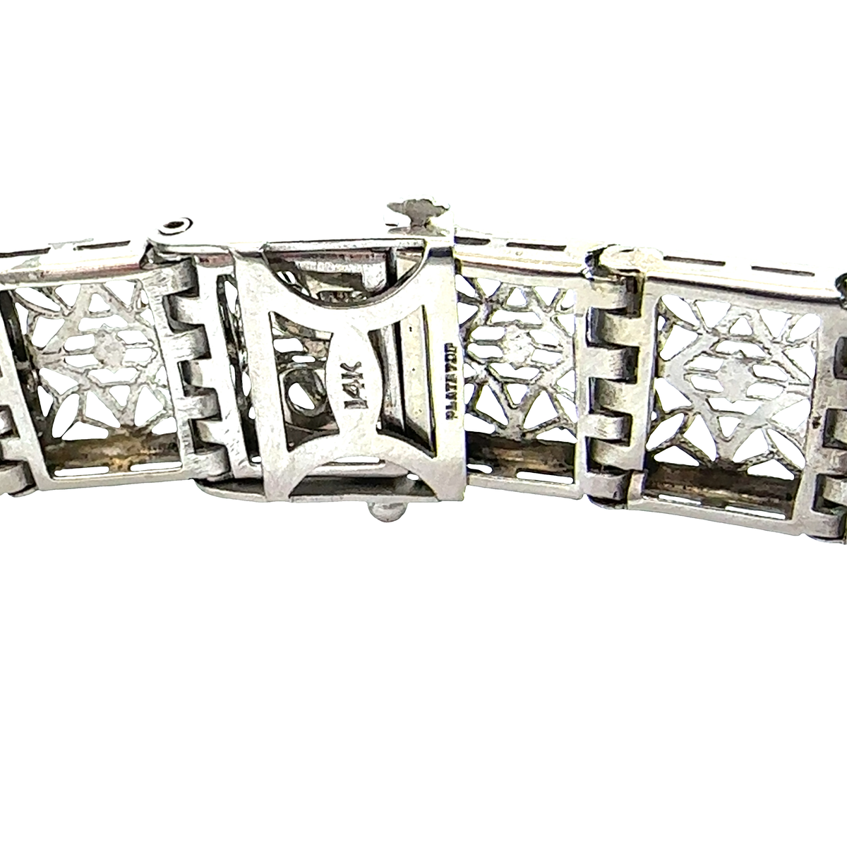 Vintage 14k White Gold Lab Created Emerald and 0.70ctw Diamond Filigree Bracelet