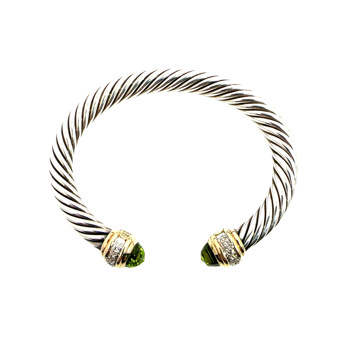 Estate David Yurman Sterling Silver and 18k Yellow Gold Diamond and Peridot Cuff