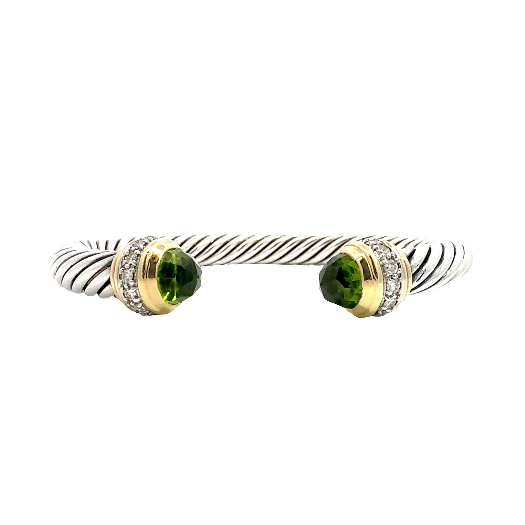 Estate David Yurman Sterling Silver and 18k Yellow Gold Diamond and Peridot Cuff