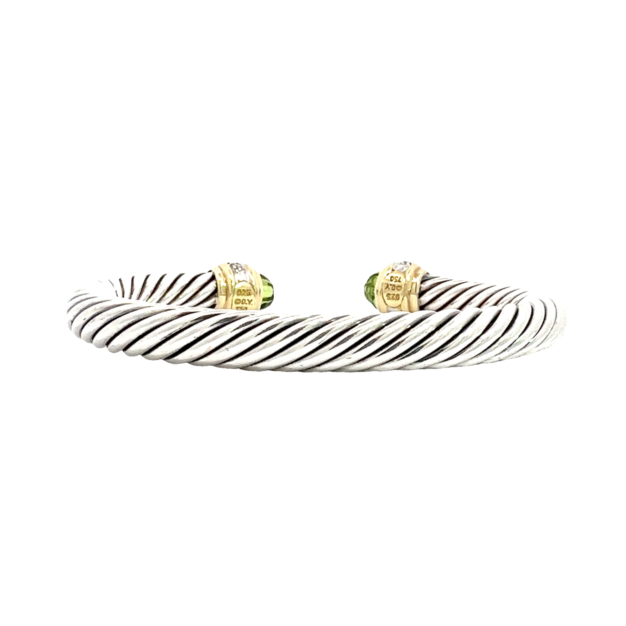 Estate David Yurman Sterling Silver and 18k Yellow Gold Diamond and Peridot Cuff