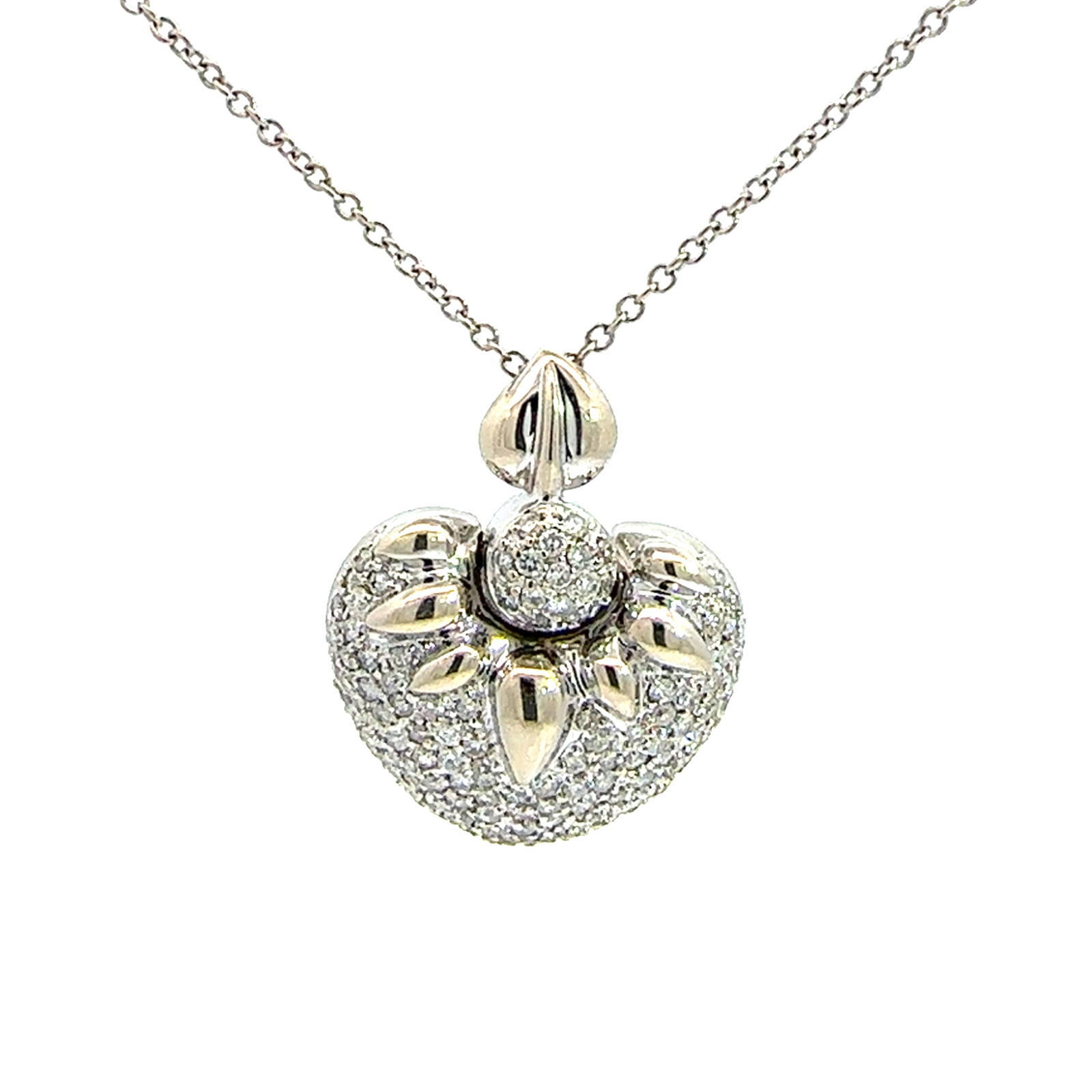 Estate 14k White Gold 1.34ctw Pave Diamond Heart Necklace