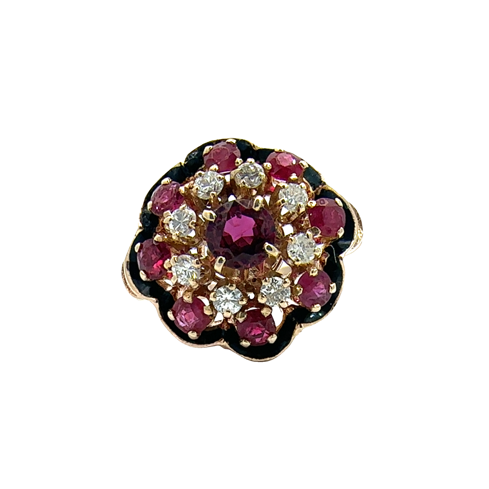 Vintage 10k Yellow Gold 1.20ctw Ruby and 0.30ctw Diamond Black Enamel Ring