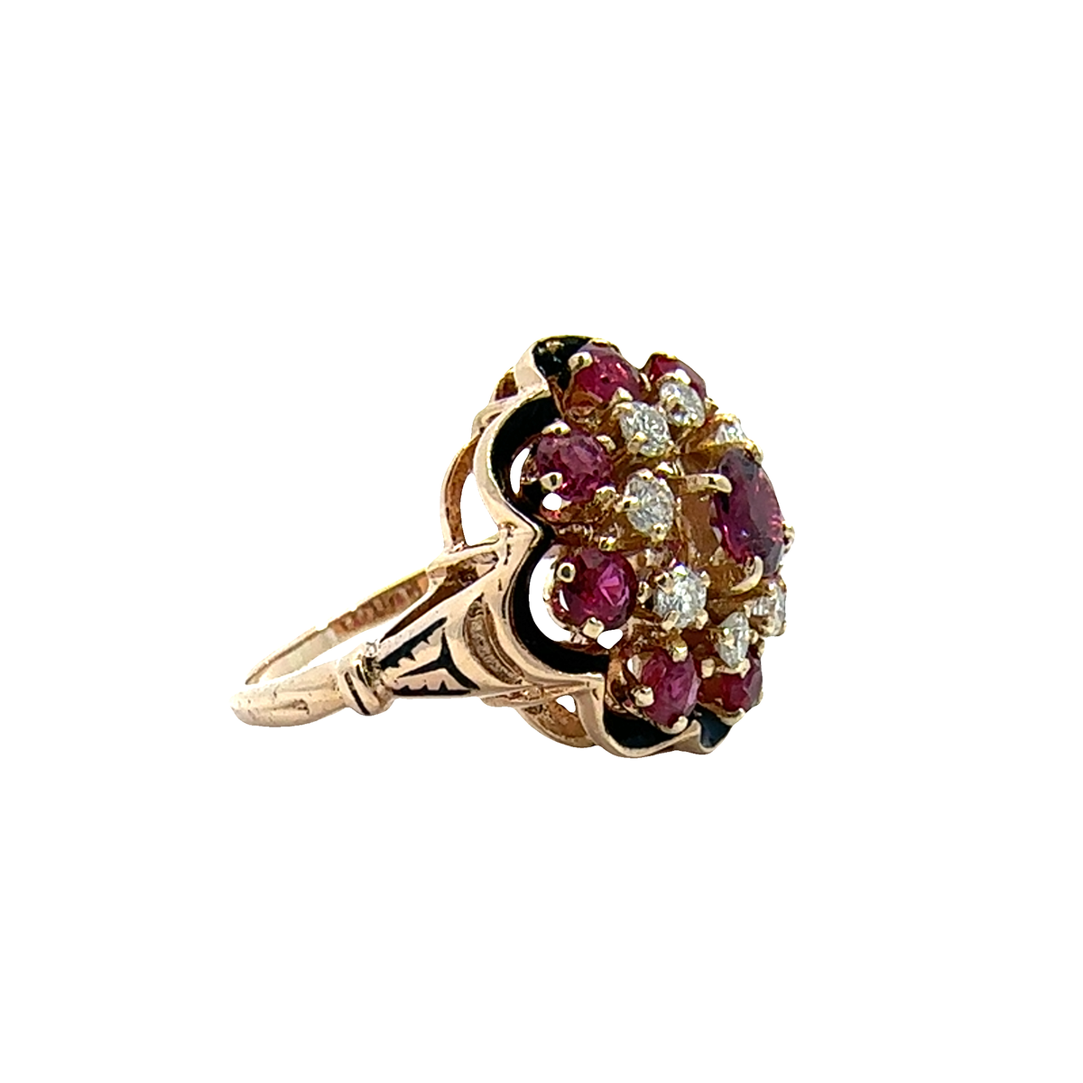 Vintage 10k Yellow Gold 1.20ctw Ruby and 0.30ctw Diamond Black Enamel Ring