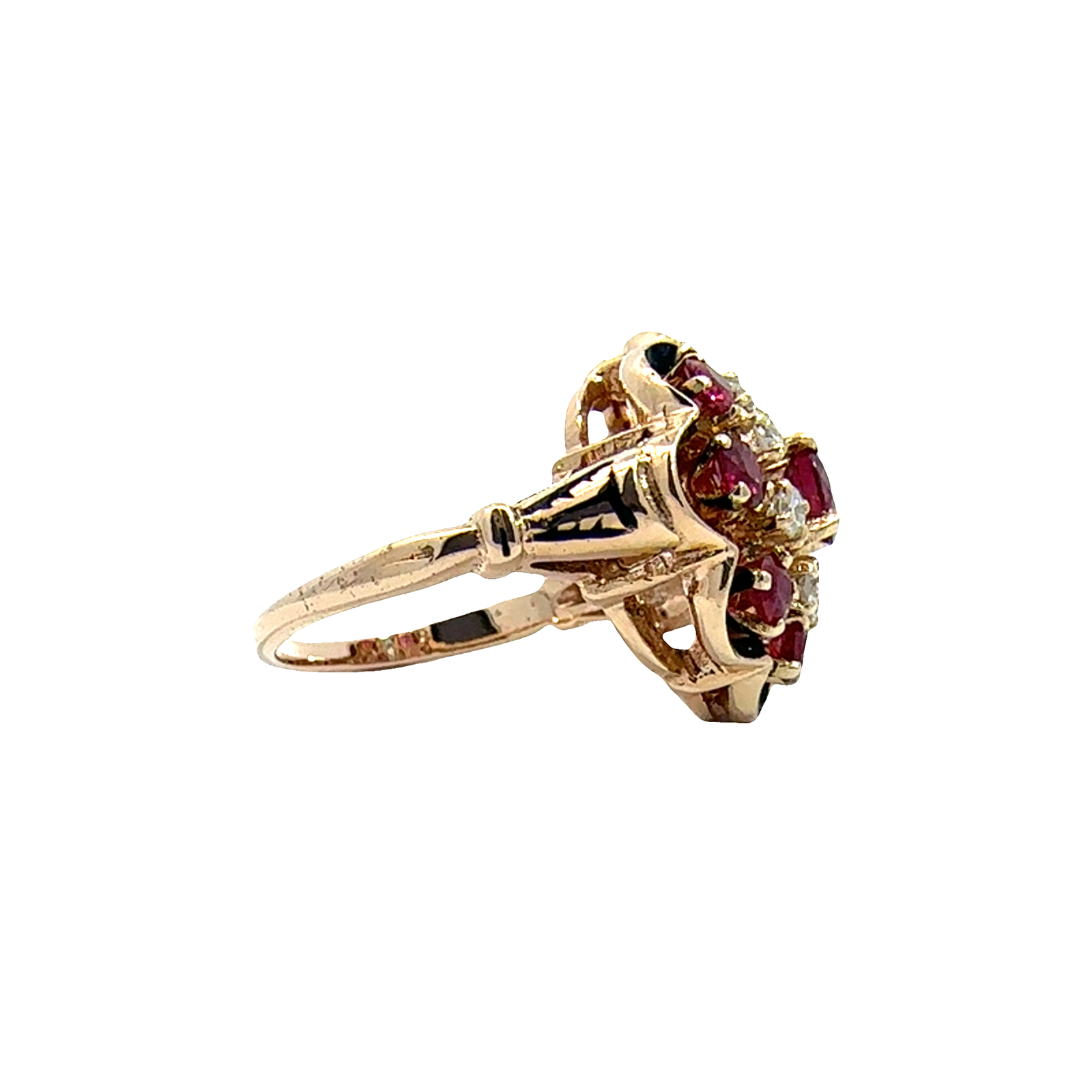 Vintage 10k Yellow Gold 1.20ctw Ruby and 0.30ctw Diamond Black Enamel Ring