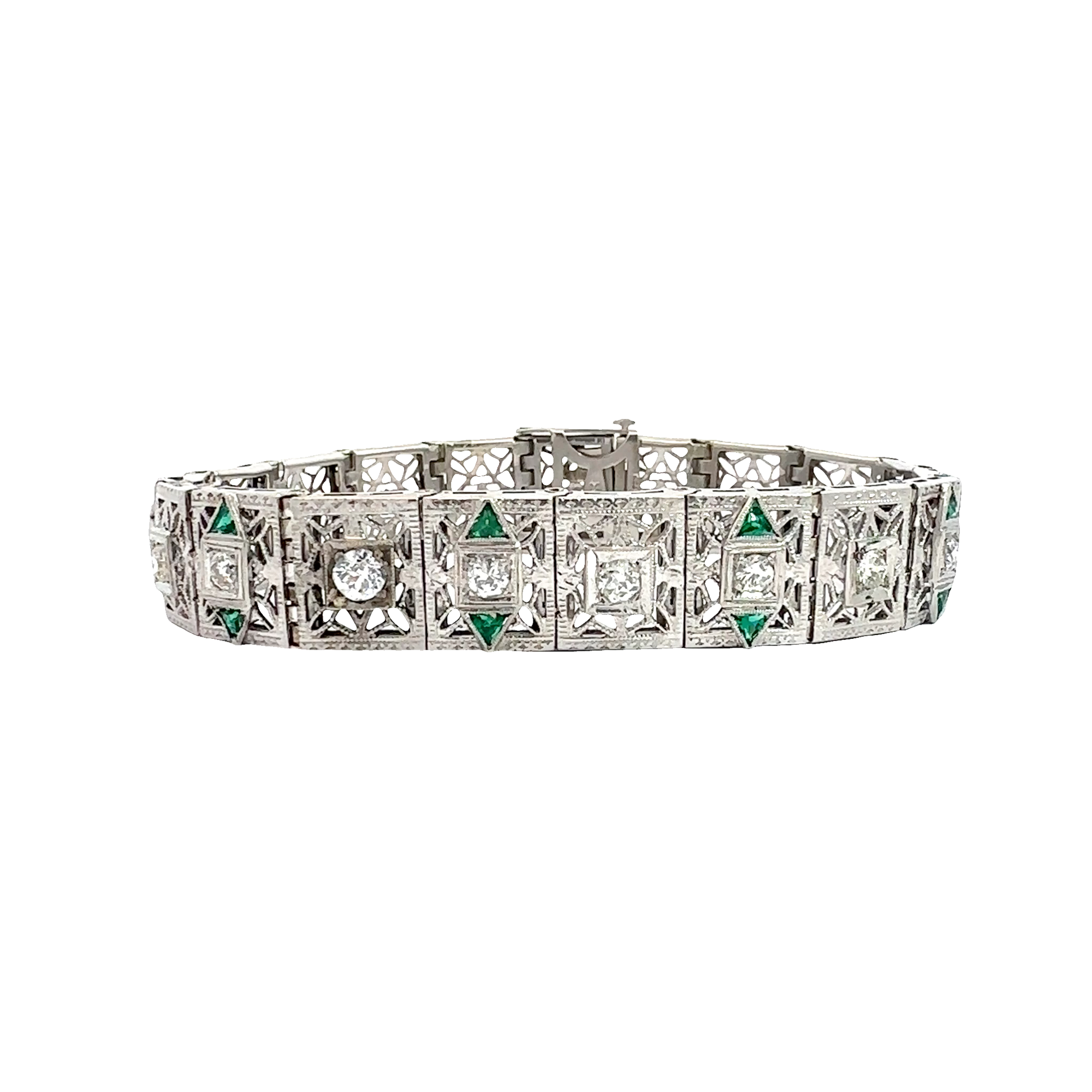 Vintage 14k White Gold Lab Created Emerald and 0.70ctw Diamond Filigree Bracelet
