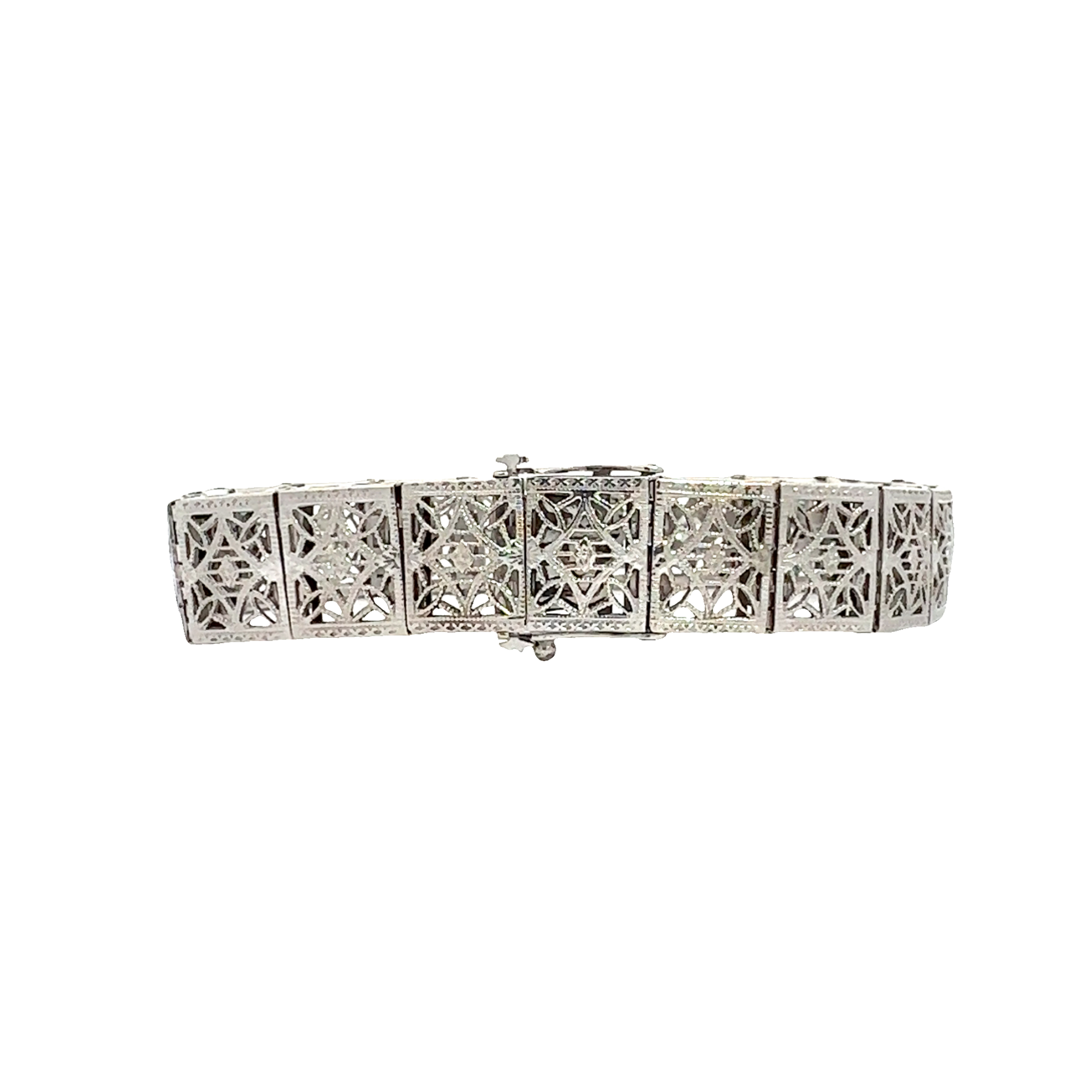 Vintage 14k White Gold Lab Created Emerald and 0.70ctw Diamond Filigree Bracelet