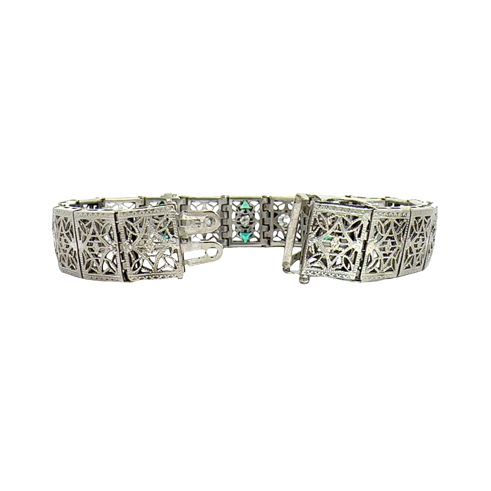 Vintage 14k White Gold Lab Created Emerald and 0.70ctw Diamond Filigree Bracelet