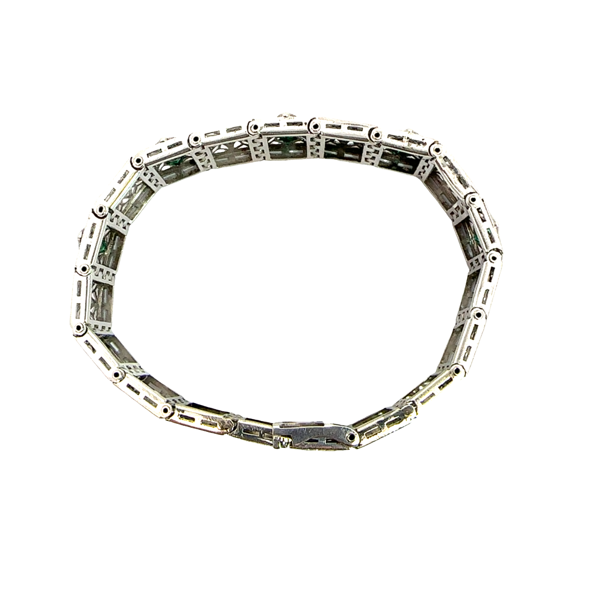 Vintage 14k White Gold Lab Created Emerald and 0.70ctw Diamond Filigree Bracelet