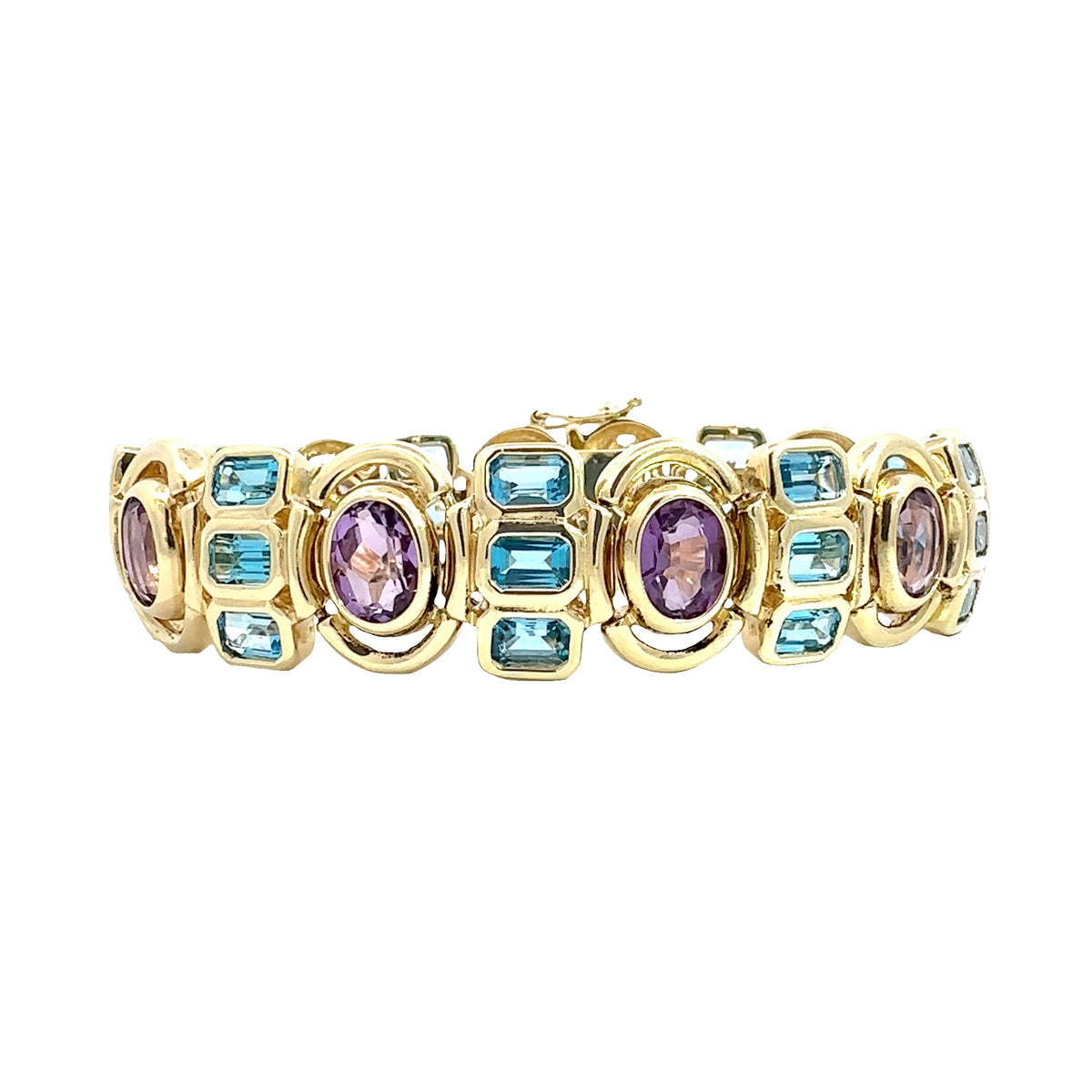 Estate 14k Yellow Gold Bezel Set Amethyst and Topaz Bracelet