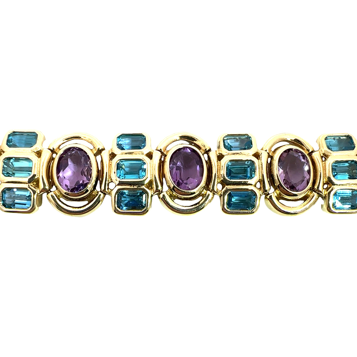 Estate 14k Yellow Gold Bezel Set Amethyst and Topaz Bracelet