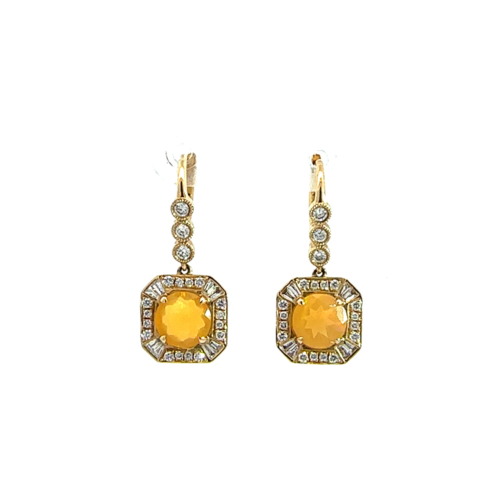 Vintage 14k Yellow Gold 1.50ctw Fire Opal and 0.65ctw Diamond Earrings
