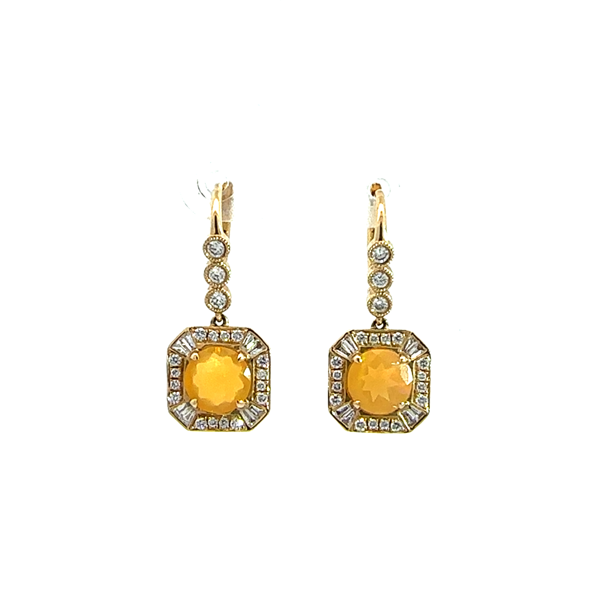 Vintage 14k Yellow Gold 1.50ctw Fire Opal and 0.65ctw Diamond Earrings
